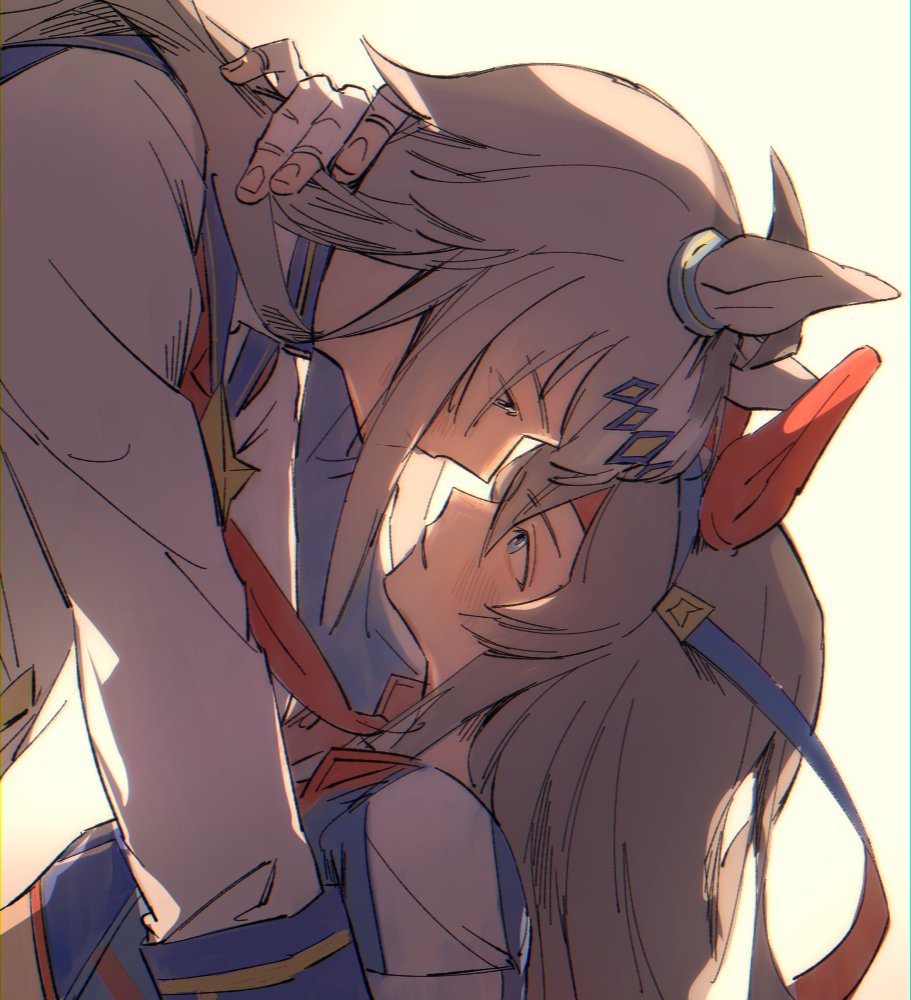 oguri cap (umamusume), tamamo cross (umamusume), umamusume, 2girls, animal ears, bandana, blue eyes, blue jacket, ear covers, ear ornament, eye contact, fingerless gloves, gloves, grey hair, horse ears, horse girl, jacket, looking at another, multiple girls, nooctadesu, red bandana, white background, white gloves, white jacket, yuri