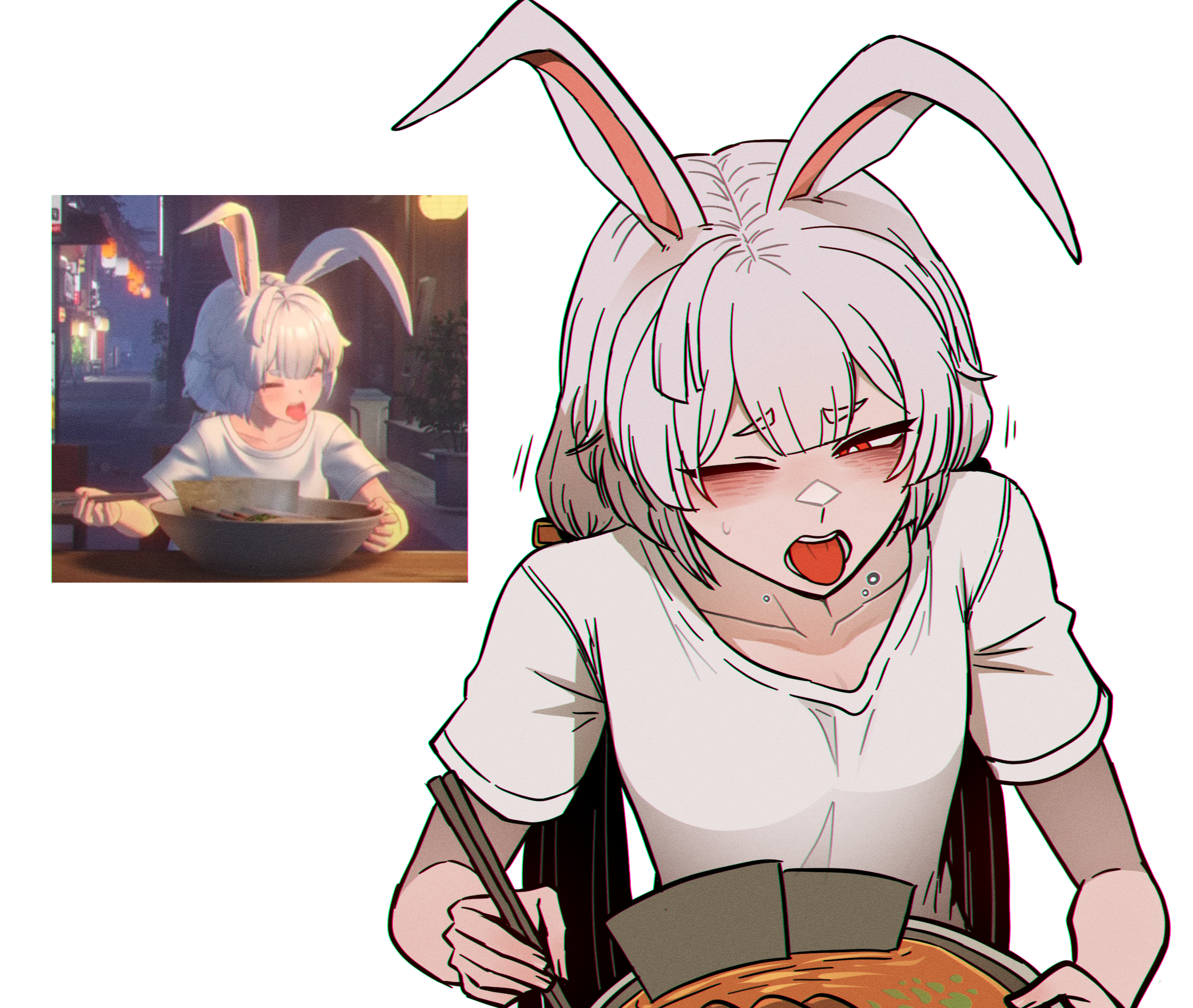 misg1111, taffy (ananta), ananta, highres, 1girl, animal ears, chopsticks, collarbone, double-parted bangs, eating, flat chest, food, furrowed brow, game screenshot inset, hair tie, holding, holding chopsticks, long hair, noodles, one eye closed, rabbit ears, rabbit girl, ramen, red eyes, reference inset, shirt, short sleeves, simple background, solo, teeth, tongue, tongue out, twintails, very long hair, white background, white hair, white shirt