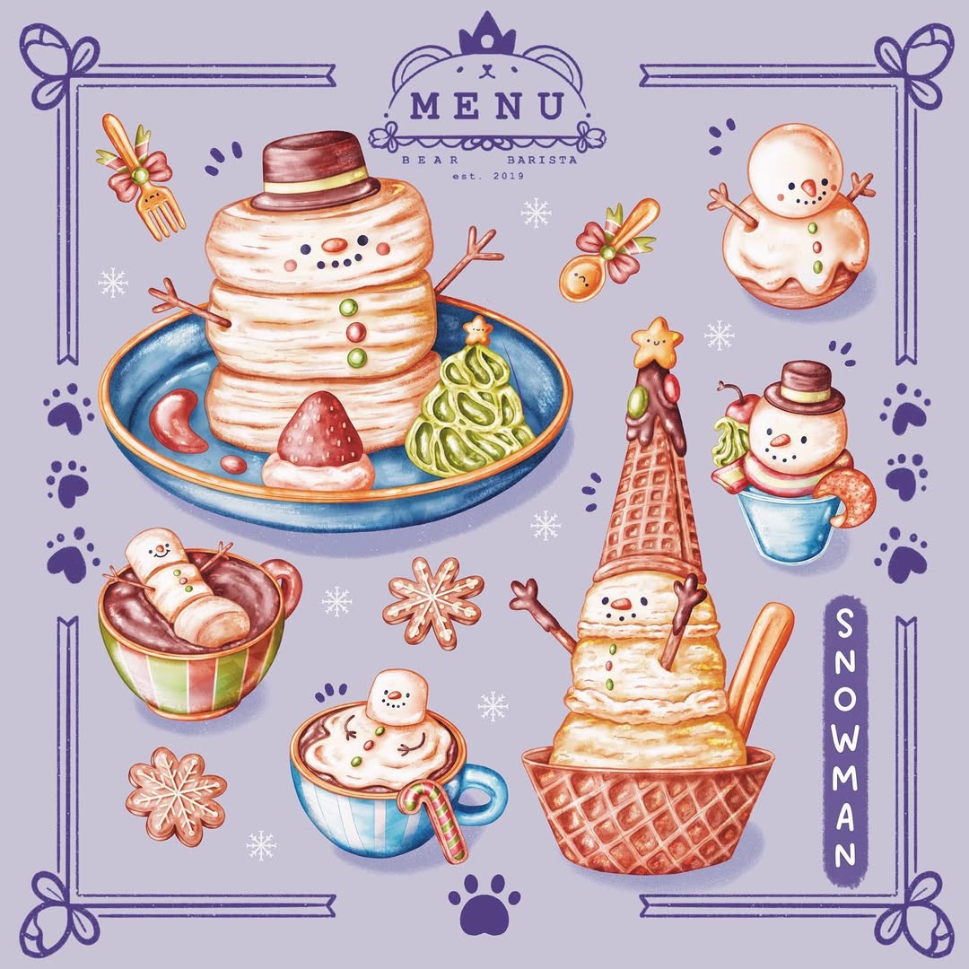 abbey and bear, original, commentary, english commentary, blue background, cookie, cup, food, food focus, hot chocolate, ice cream, ice cream cone, marshmallow, menu, no humans, notice lines, pancake, pancake stack, paw print, picture frame, shaved ice, simple background, snowflakes, snowman, spoon, teacup, waffle cone
