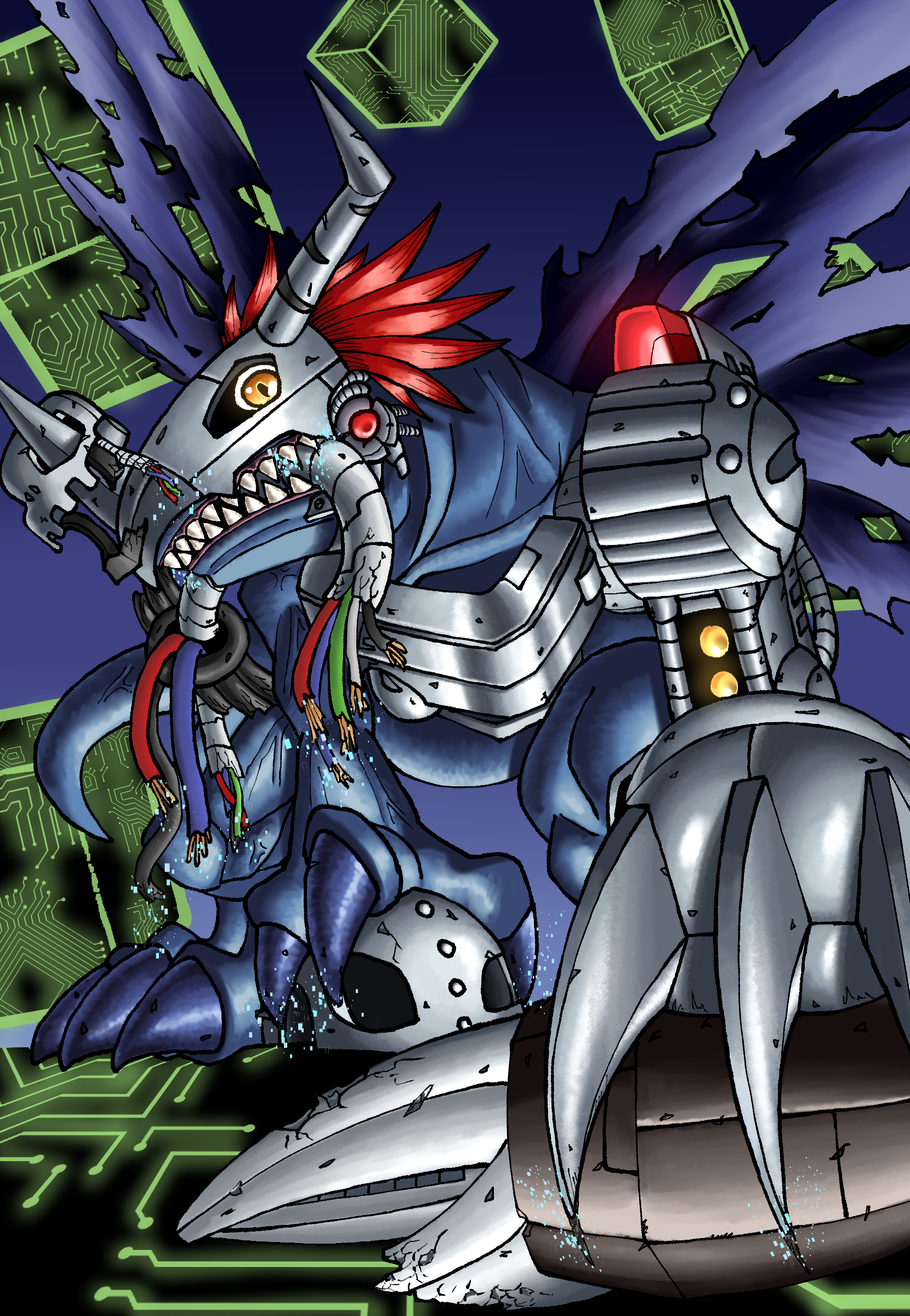 laser book, andromon, megadramon, metalgreymon (virus), metalmamemon, digimon, cyborg, digimon (creature), dinosaur, wings