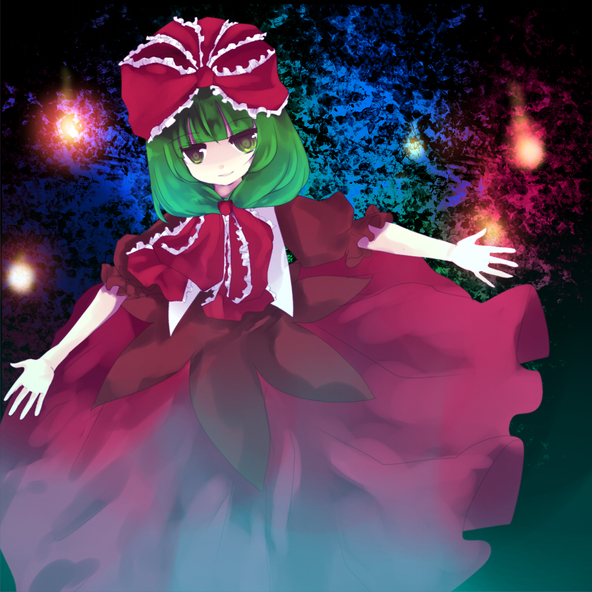 eiko (pixiv), eiko (tukino), kagiyama hina, touhou, bad id, bad pixiv id, 1girl, female focus, front ponytail, green hair, long hair, ribbon, solo