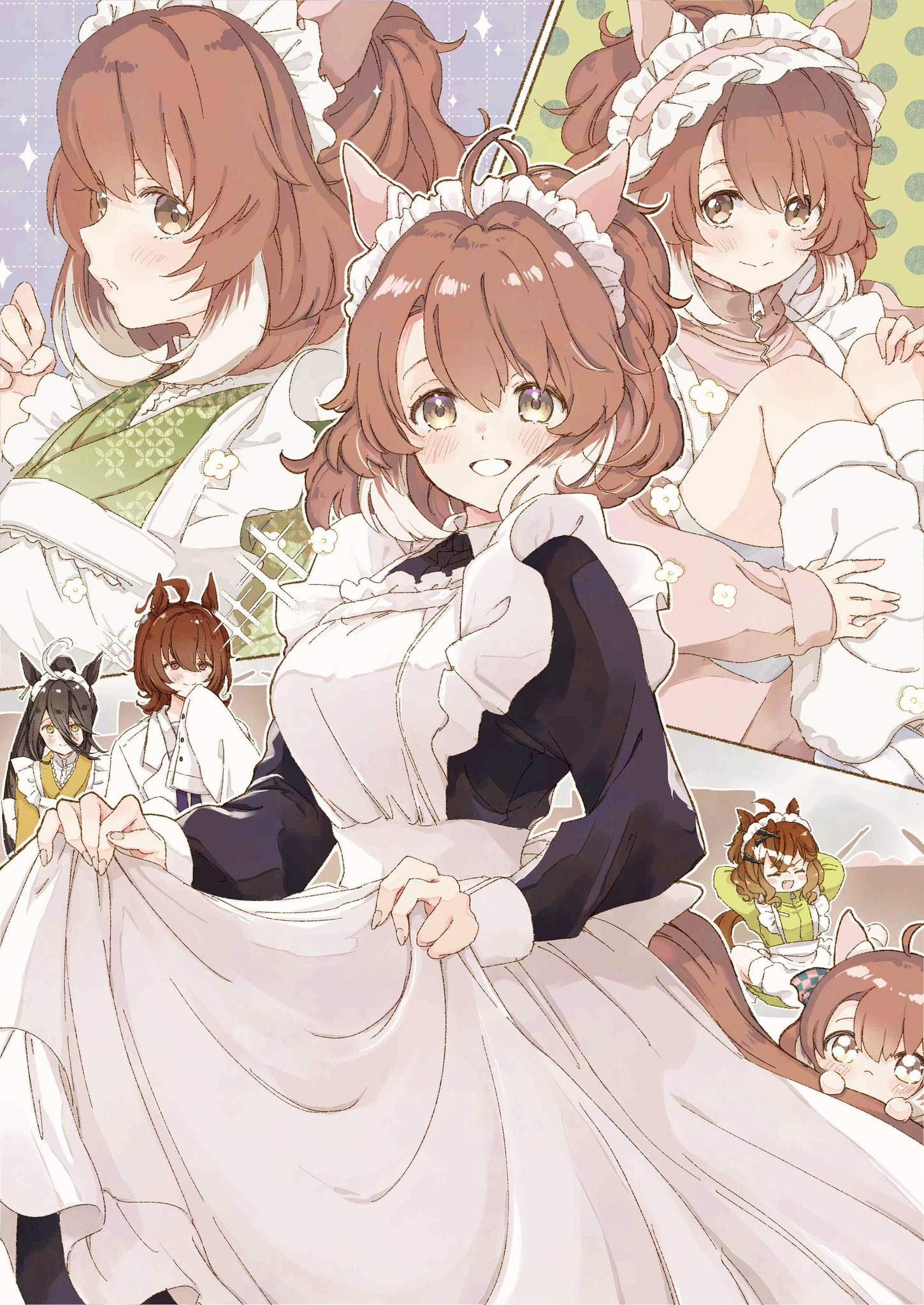 yoiisand, agnes tachyon (umamusume), dantsu flame (umamusume), jungle pocket (umamusume), manhattan cafe (umamusume), umamusume, umamusume: beginning of a new era, highres, 4girls, ahoge, alternate costume, animal ears, apron, black dress, black hair, blush, breasts, brown eyes, brown hair, closed eyes, closed mouth, dress, ear covers, ear ornament, ear tag, earrings, frilled apron, frills, green kimono, green track suit, grin, hair between eyes, hair ornament, horse ears, horse girl, horse tail, huge ahoge, jacket, japanese clothes, jersey maid, jewelry, kimono, lab coat, large breasts, leg warmers, long bangs, long hair, long hair between eyes, long sleeves, looking at viewer, loose socks, maid, maid apron, maid headdress, medium hair, multicolored hair, multiple girls, notched ear, open mouth, pink track suit, purple shirt, red eyes, sailor collar, sailor shirt, school uniform, shirt, short hair, single earring, sleeves past fingers, sleeves past wrists, smile, socks, tail, tracen school uniform, track jacket, track suit, unconventional maid, waist apron, white apron, white hair, white leg warmers, white sailor collar, yellow eyes, yellow kimono