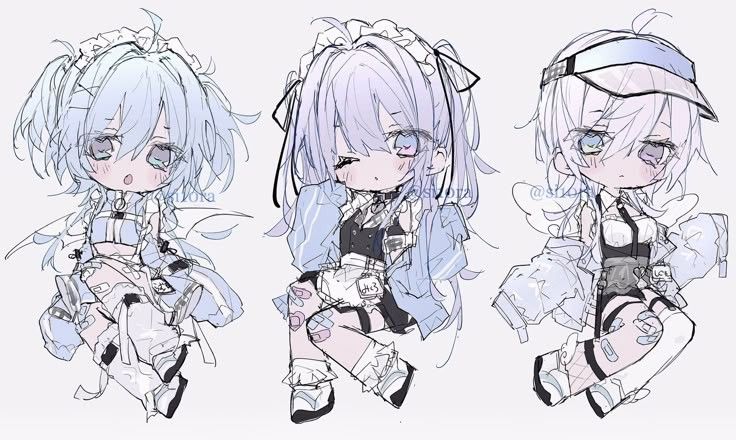 original, artist request, source request, third-party source, 3girls, :o, ahoge, angel wings, apron, artist name, asymmetrical legwear, bandaid, bandaid on knee, bandaid on leg, bandaid on thigh, bare shoulders, black dress, black necktie, black socks, blue eyes, blue hair, blue hat, blue jacket, blue sleeves, breasts, cartoon wings, chibi, closed mouth, collar, collared jacket, crossed bandaids, demon wings, detached collar, detached sleeves, dress, eyelashes, eyes visible through hair, fishnet socks, fishnets, frilled apron, frilled socks, frilled suspenders, frills, grey background, hair between eyes, hair ornament, hairclip, hat, heterochromia, high collar, jacket, leg warmers, light blush, light frown, long hair, long sleeves, looking at viewer, maid headdress, mismatched legwear, multiple girls, necktie, o-ring, one eye closed, open clothes, open jacket, open mouth, parted lips, pink hair, puffy long sleeves, puffy sleeves, purple eyes, purple hair, ribbed thighhighs, see-through clothes, see-through headwear, shirt, shoes, short hair, short twintails, shorts, simple background, single sock, single thighhigh, sleeveless, sleeveless dress, sleeves past fingers, sleeves past wrists, sneakers, socks, strapless, strapless shirt, suspender shorts, suspenders, thigh strap, thighhighs, twintails, visor cap, watermark, white apron, white collar, white leg warmers, white shoes, white shorts, white socks, white thighhighs, white wings, winged shoes, wings, x hair ornament