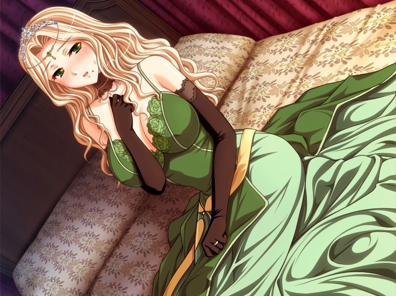 koizumi amane, catherine estol, shouki letitia, game cg, 1girl, bed, breasts, circlet, cleavage, elbow gloves, female focus, gloves, jewelry, kneeling, large breasts, mole, princess, ring, solo, tiara, worried