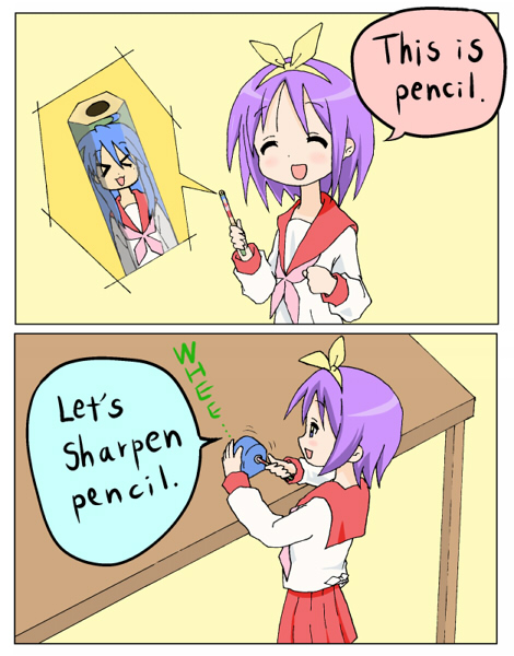 hiiragi tsukasa, izumi konata, lucky star, bad id, bad pixiv id, 00s, 1girl, comic, english text, engrish text, mole, mole under eye, pencil, purple hair, ranguage, school uniform, serafuku