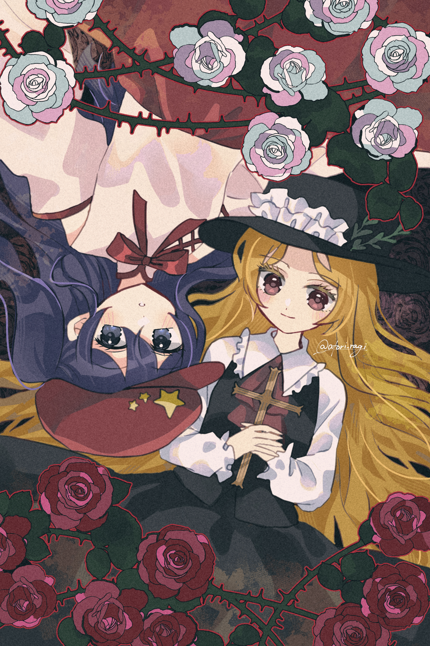 katsuragi atori, jacket girl (dipp), label girl (dipp), touhou, commentary request, highres, 2girls, black skirt, black vest, blonde hair, blue eyes, blue hair, bow, bowtie, brown eyes, collared shirt, cross, detached sleeves, flower, frilled shirt collar, frills, hat, hat ornament, holding, holding cross, long hair, long sleeves, multiple girls, newsboy cap, red bow, red bowtie, red flower, red hat, red rose, red skirt, rose, shirt, skirt, star (symbol), star hat ornament, thorns, twitter username, upside-down, very long hair, vest