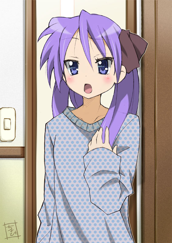 cho bi, hiiragi kagami, lucky star, 00s, 1girl, blue eyes, collarbone, dot nose, female focus, hair ribbon, indoors, long hair, open mouth, polka dot, purple hair, ribbon, solo, sweater, tsurime, twintails, unmoving pattern
