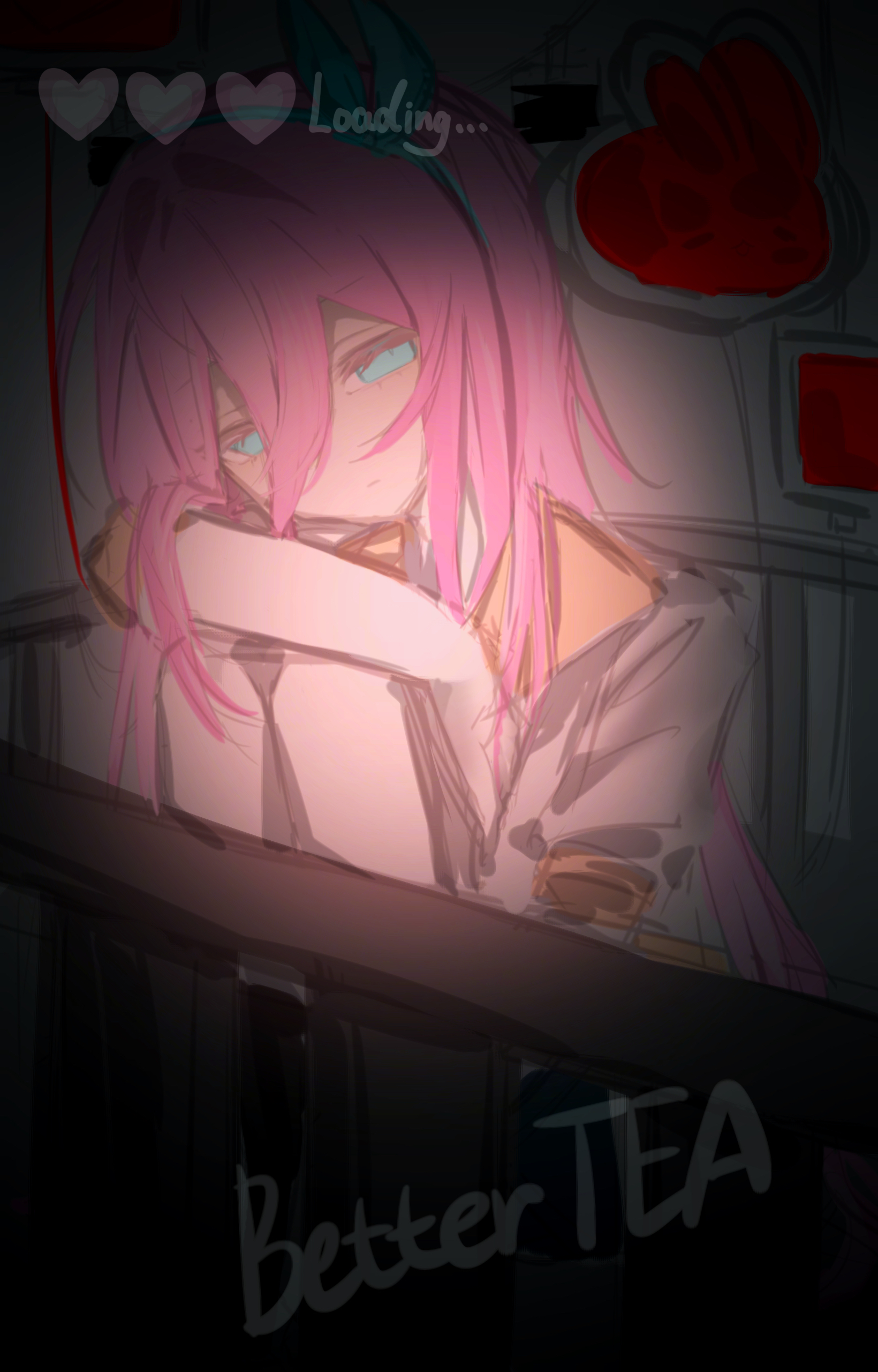 aubrey (faraway) (omori), aubrey (omori), omori, absurdres, chinese commentary, commentary request, highres, procreate (medium), 1girl, artist name, bare legs, better tea, blue eyes, blue hairband, bow hairband, closed mouth, colored eyelashes, crib, double-parted bangs, expressionless, feet out of frame, grey background, hair between eyes, hair intakes, hairband, half-closed eyes, head tilt, heart, heatr, indoors, jacket, jitome, long hair, looking at viewer, puffy short sleeves, puffy sleeves, sailor collar, short sleeves, simple background, sitting, solo, straight hair, vignetting, white jacket, yellow sailor collar