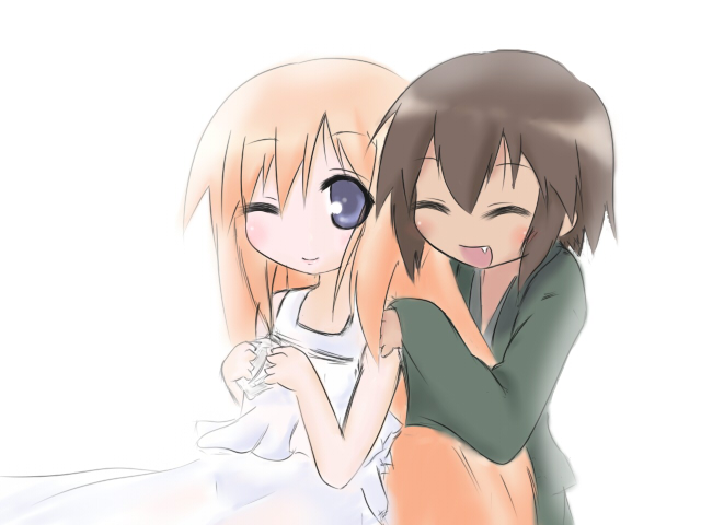 kusakabe misao, minegishi ayano, lucky star, non-web source, 00s, blue eyes, brown hair, closed eyes, dress, fang, japanese clothes, long hair, one eye closed, orange hair, short hair, wink