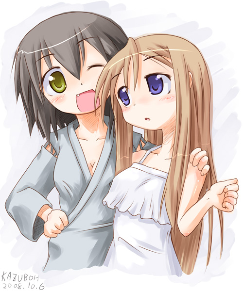 kazuboh, kusakabe misao, minegishi ayano, lucky star, bad id, bad pixiv id, 00s, 2girls, blue eyes, brown hair, dress, fang, green eyes, japanese clothes, long hair, multiple girls, one eye closed, short hair, wink