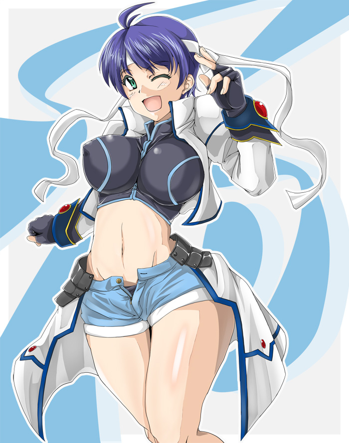 daisuke (artist), daisuke (demigra), subaru nakajima, lyrical nanoha, mahou shoujo lyrical nanoha, mahou shoujo lyrical nanoha strikers, 00s, 1girl, ahoge, breasts, female focus, gloves, green eyes, large breasts, midriff, purple hair, short hair, shorts, smile, solo