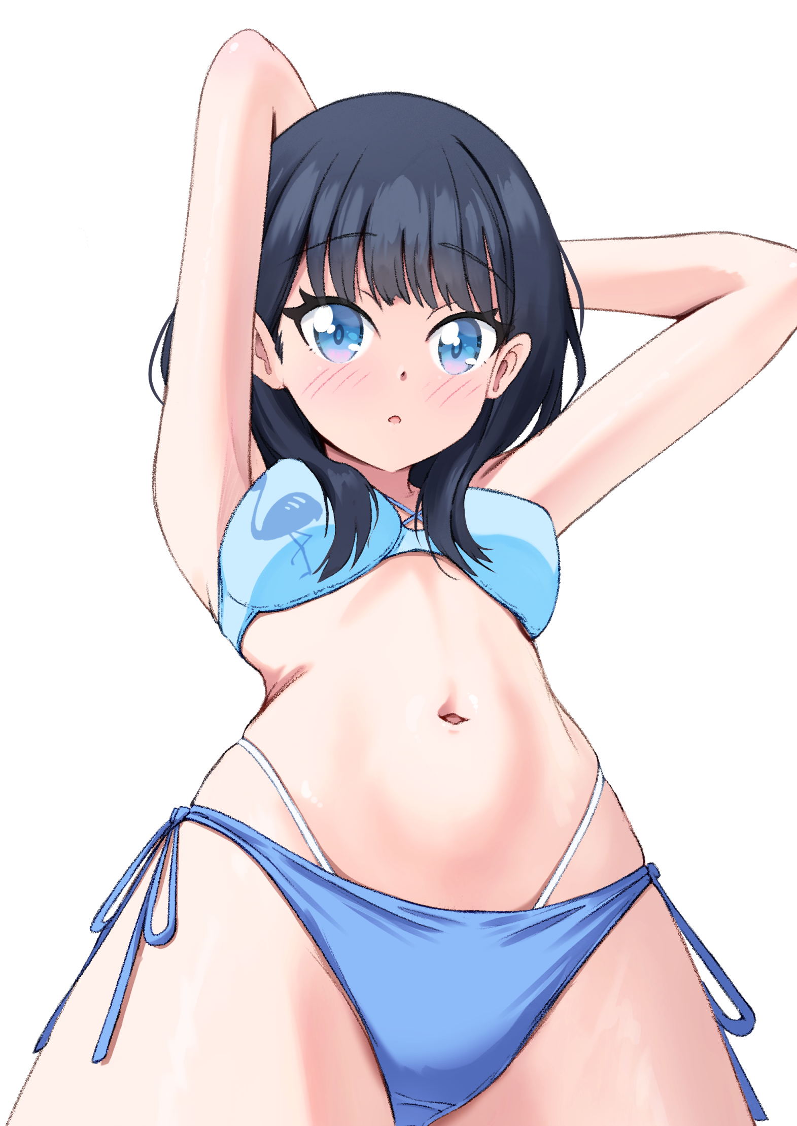 retumihari, takarada rikka, gridman universe, gridman universe (movie), commentary, highres, 1girl, :o, armpits, arms behind head, bikini, black hair, blue bikini, blue eyes, blush, breasts, cowboy shot, eyelashes, eyes visible through hair, foreshortening, from below, hair behind ear, hair between eyes, hair over breasts, looking at viewer, looking down, medium breasts, medium hair, multi-strapped bikini bottom, navel, open mouth, side-tie bikini bottom, simple background, skindentation, solo, stomach, swimsuit, white background