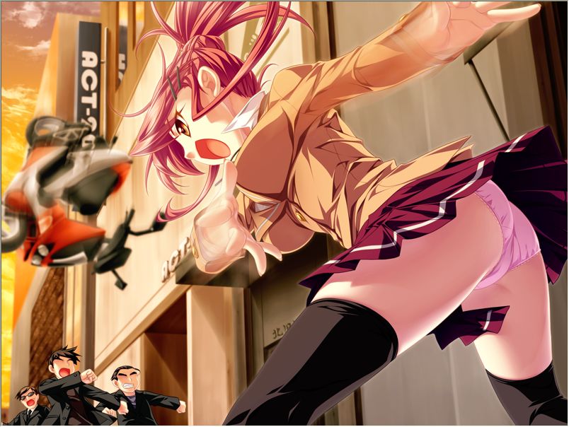 saeki hokuto, minamoto rui, rui wa tomo wo yobu, vehicle, bad source, game cg, non-web source, 1girl, 3boys, brown eyes, gakuran, impossible blazer, impossible clothes, impossible jacket, jacket, long hair, motion blur, motor vehicle, motorcycle, multiple boys, outdoors, panties, pantyshot, pink hair, pink panties, pleated, pleated skirt, ponytail, red hair, road, school uniform, scooter, serafuku, skirt, street, thighhighs, throwing, twilight, underwear