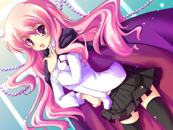 hinata momo, kamemushippoi (pixiv 199750), louise francoise le blanc de la valliere, zero no tsukaima, bad id, bad pixiv id, 00s, 1girl, :d, black thighhighs, female focus, long hair, looking at viewer, open mouth, pink eyes, pink hair, smile, solo, standing, thighhighs, wavy hair, zettai ryouiki