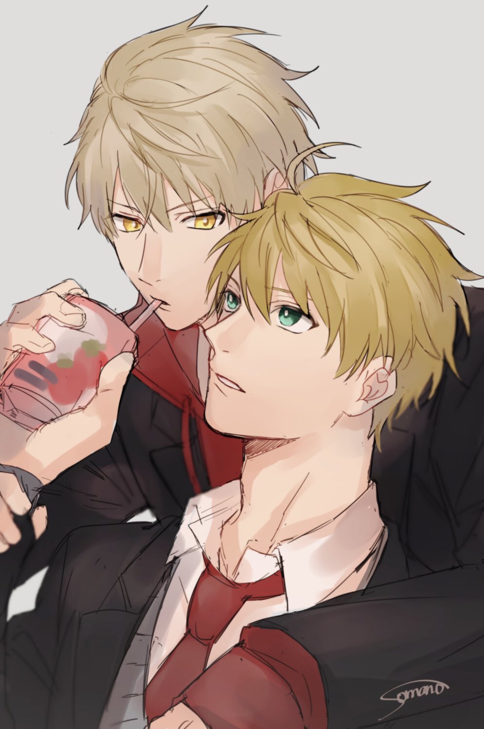 arthur pendragon (fate), arthur pendragon alter (fate), fate/grand order, fate (series), highres, non-web source, 2boys, ahoge, artist name, black jacket, blonde hair, collared shirt, drinking, drinking straw, dual persona, food print, fruit print, green eyes, grey background, hair between eyes, hand up, holding another's wrist, holding juice box, hood, hoodie, jacket, juice box, lapels, long sleeves, looking at another, male focus, multiple boys, necktie, open clothes, open jacket, red hoodie, red necktie, selfcest, shirt, short hair, simple background, somano, strawberry print, teeth, upper body, white shirt, yaoi, yellow eyes