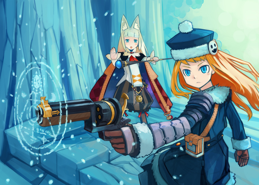 haruno, gunner (sekaiju), gunner 2 (sekaiju), haruno sora, ikurakun (7th dragon), jack frost (megami tensei), mage (7th dragon), 7th dragon, 7th dragon (series), atlus, etrian odyssey, eyebrows, looking away, 2girls, aiming, animal ears, arm guards, blonde hair, cape, coat, floating hair, fox ears, fur trim, gloves, gun, hat, long hair, magic circle, multiple girls, orange hair, outdoors, outstretched arms, pants, serious, snow, staff, stone floor, tree, very long hair, weapon, winter
