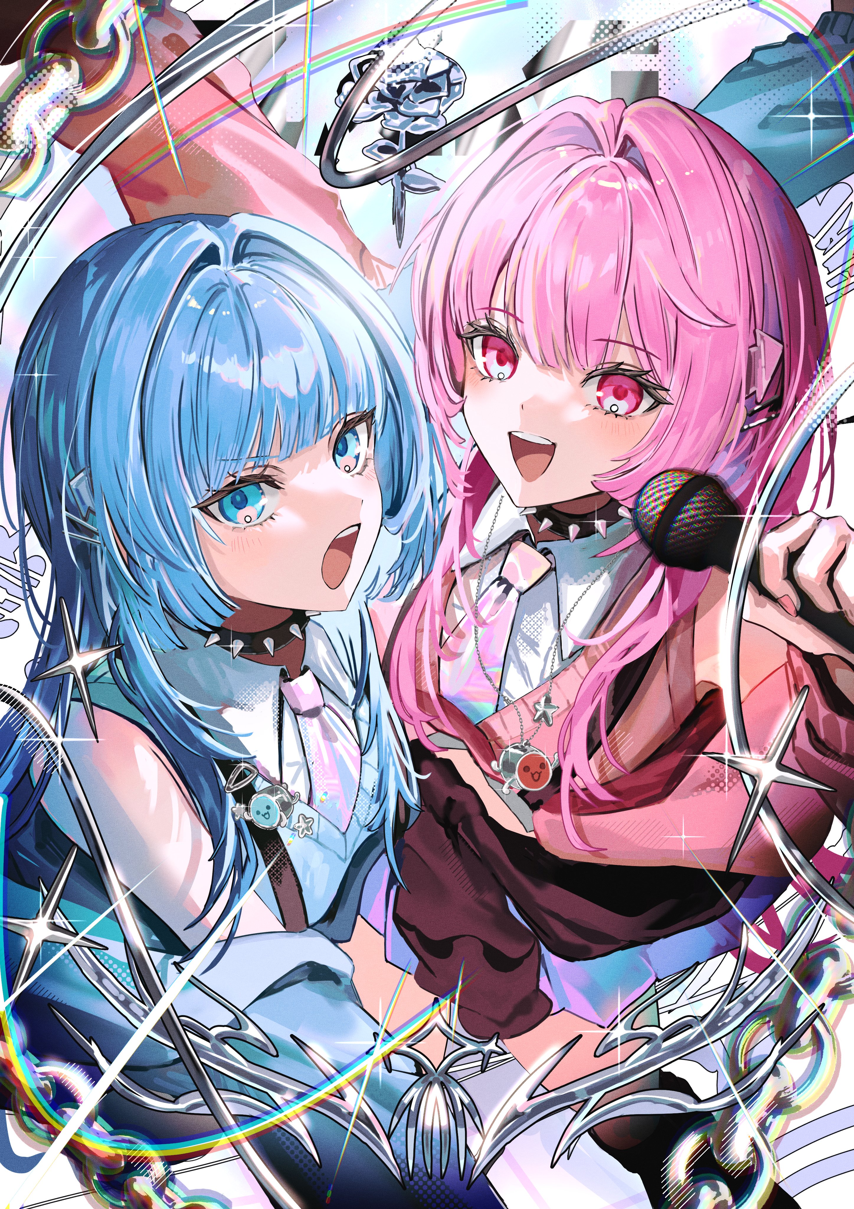 gawako, wada don, wada katsu, bandai namco, taiko no tatsujin, absurdres, commentary request, highres, official art, second-party source, aqua eyes, aqua hair, aqua hood, aqua jacket, aqua pupils, aqua sleeves, aqua sweater vest, badge, bare shoulders, black collar, blurry, blurry foreground, breasts, button badge, character ornament, collar, collared shirt, dot nose, eyelashes, glint, hair ornament, hairclip, holding, holding microphone, holographic clothing, hood, hood down, hooded jacket, ika (taiko no tatsujin), illy (wadiverse) (taiko no tatsujin), jacket, jewelry, kaya (wadiverse) (taiko no tatsujin), looking at viewer, medium breasts, microphone, necklace, necktie, open mouth, pink hair, pink pupils, pink sleeves, pink sweater, purple necktie, purple skirt, rainbow, screentones, shirt, sidelocks, silver chain, skirt, sleeveless, sleeveless shirt, sleeveless vest, sparkle, spiked collar, spikes, sweater, sweater vest, teeth, tongue, upper teeth only, wing collar