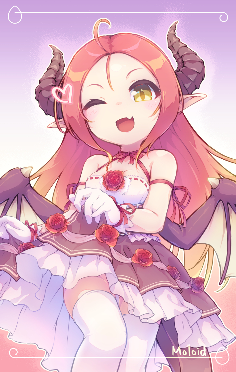 moroheiya (takushiage), sharon oliva, iris mysteria!, highres, 1girl, ahoge, arm ribbon, artist name, brown skirt, camisole, dragon girl, dragon horns, dragon tail, dragon wings, fang, flower, forehead, frilled skirt, frills, from below, gloves, horns, one eye closed, open mouth, red hair, red ribbon, ribbon, rose, skirt, solo, tail, thighhighs, white camisole, white gloves, white skirt, white thighhighs, wings, yellow eyes