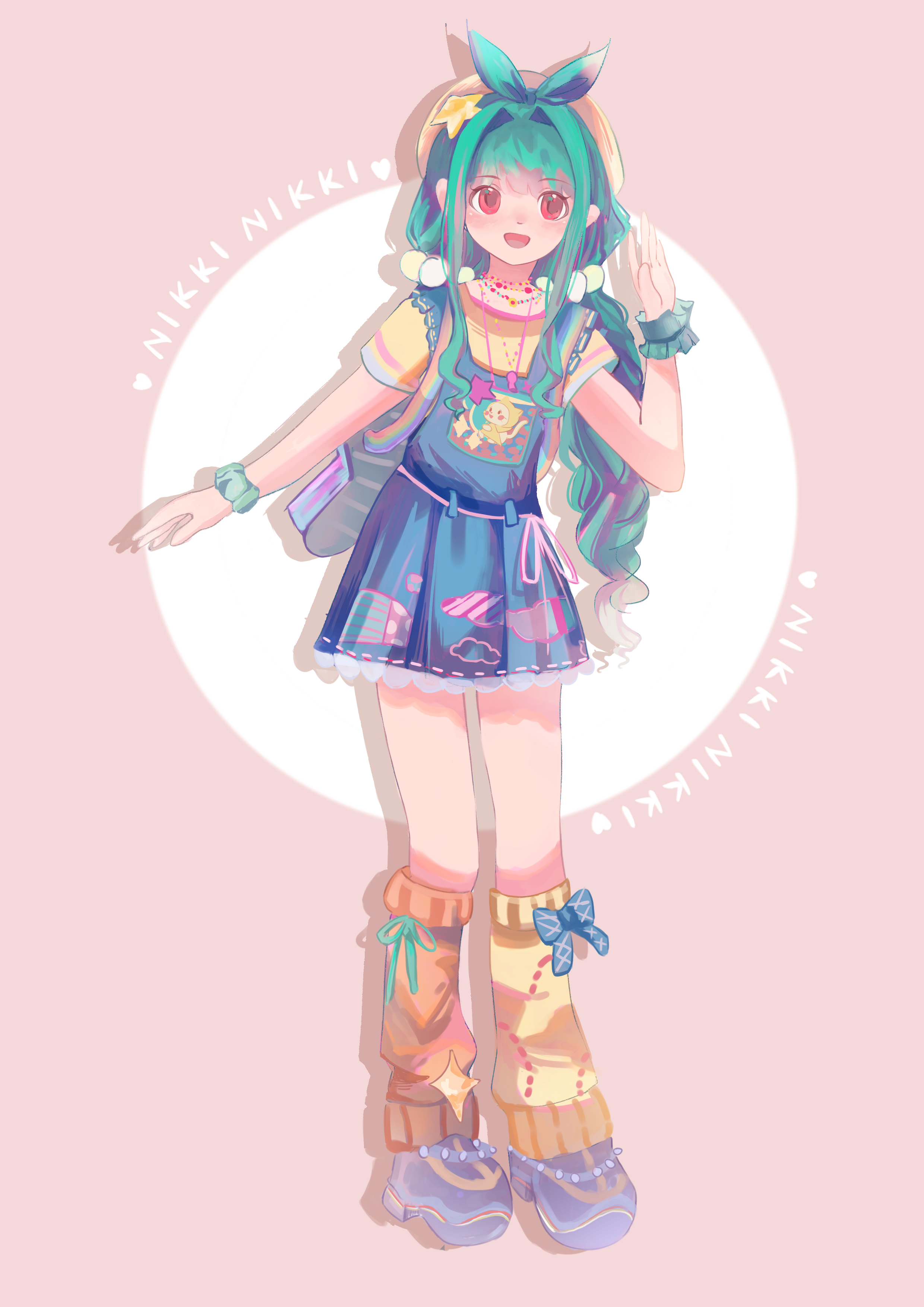 momo (nikki), infinity nikki, nikki (series), absurdres, highres, 1girl, aqua bow, aqua hair, aqua ribbon, aqua scrunchie, aqua wrist cuffs, backpack, bag, bead necklace, beads, beret, blue bag, blue bow, blue dress, blue shoes, bow, bow legwear, brown background, brown eyes, celery joleen, character print, circle, cloud print, copyright name, dress, eyelashes, frilled wrist cuffs, frills, full body, hair intakes, hair ornament, hand up, happy, hat, hat bow, hat ornament, jewelry, lace, lace-trimmed dress, lace trim, leg warmers, long hair, low twintails, necklace, open mouth, pinafore dress, plaid bow, platform shoes, pleated dress, pom pom (clothes), pom pom hair ornament, print dress, rainbow print, ribbon, ribbon-trimmed dress, ribbon legwear, ribbon trim, scrunchie, shadow, shirt, shoes, short sleeves, sidelocks, single wrist cuff, sleeveless, sleeveless dress, smile, solo, standing, star (symbol), star hat ornament, stylist (nikki), t-shirt, tareme, twintails, very long hair, waving, white hat, wrist cuffs, wrist scrunchie, y2k fashion, yellow leg warmers, yellow shirt
