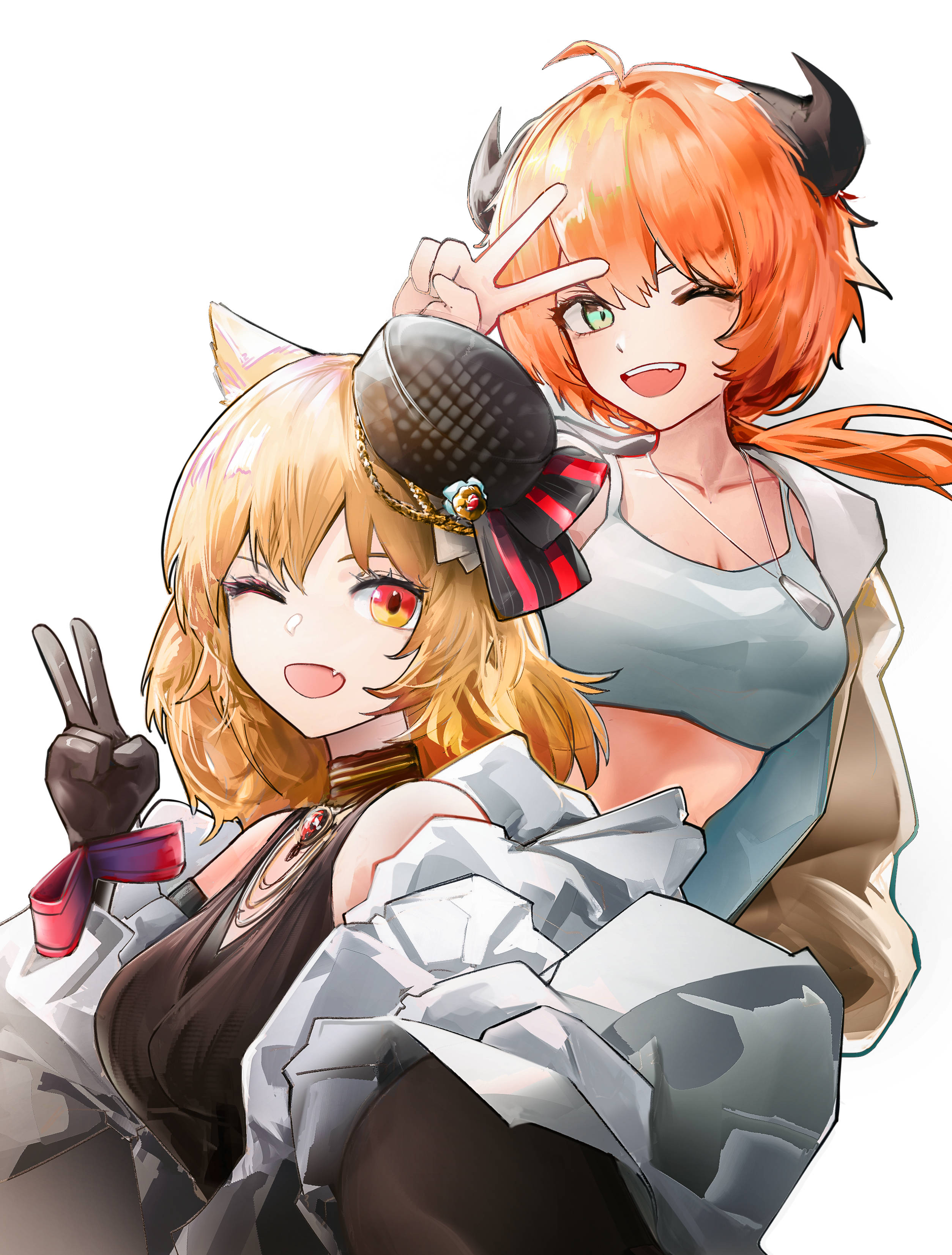 runamonet, croissant (arknights), sora (arknights), sora (melodiosa) (arknights), arknights, absurdres, commentary, hashtag-only commentary, highres, 2girls, ;d, ahoge, alternate costume, animal ears, bare shoulders, black dress, black gloves, black horns, blonde hair, bow, breasts, brown jacket, cat ears, cleavage, collar, collarbone, cow horns, crop top, dress, fang, gloves, hat, hat bow, horns, jacket, jewelry, looking at viewer, medium breasts, medium hair, mini hat, multiple girls, one eye closed, open clothes, open jacket, open mouth, pendant, shirt, short hair, simple background, sleeveless, sleeveless dress, smile, teeth, upper body, upper teeth only, v, white background, white shirt