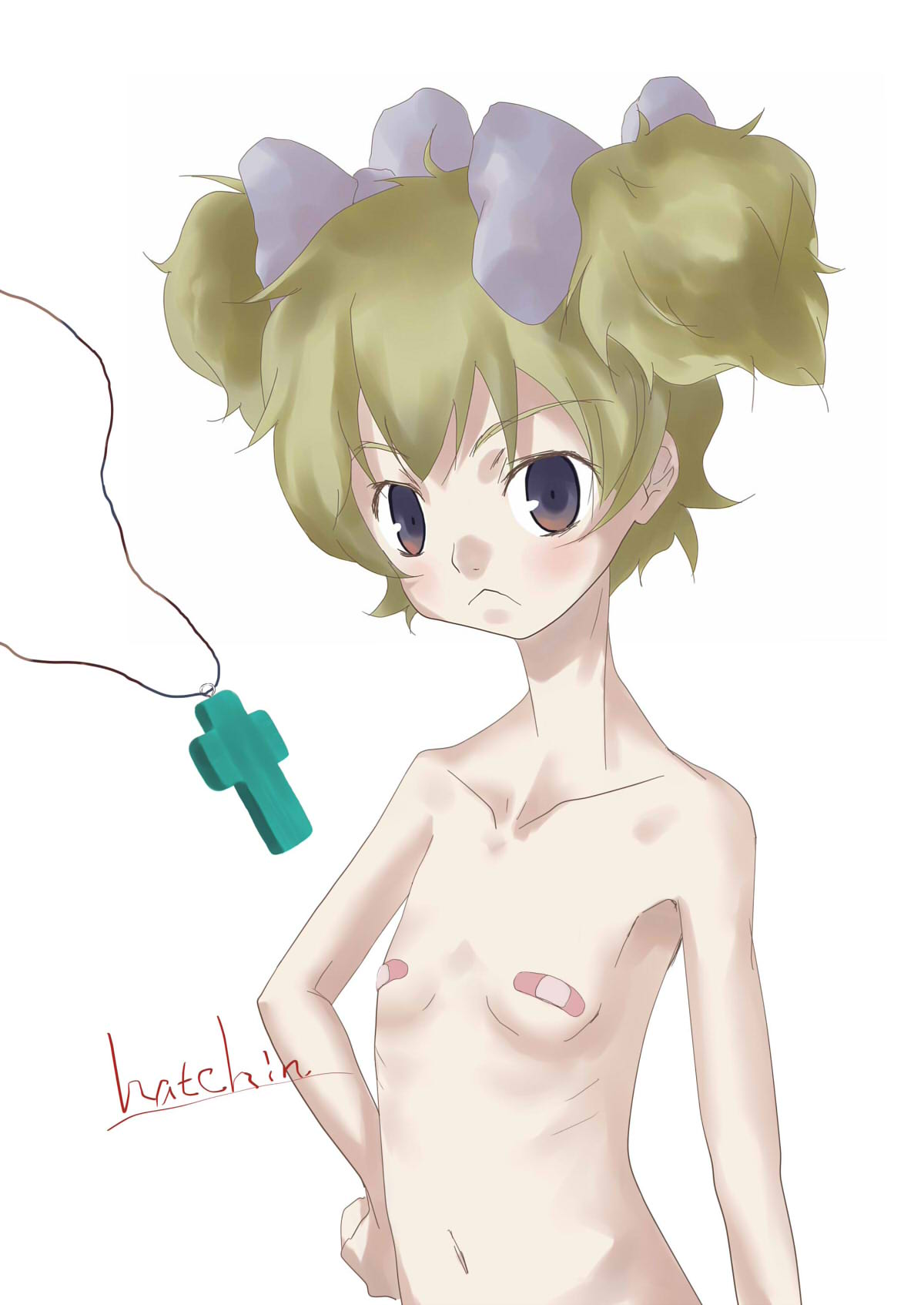 u3 (ibara), hatchin morenos, michiko to hacchin, bad id, bad pixiv id, highres, 1girl, :<, bandaid, bandaids on nipples, blonde hair, bow, cross, female focus, flat chest, hair bow, jewelry, necklace, pasties, purple eyes, ribs, skinny, solo, twintails