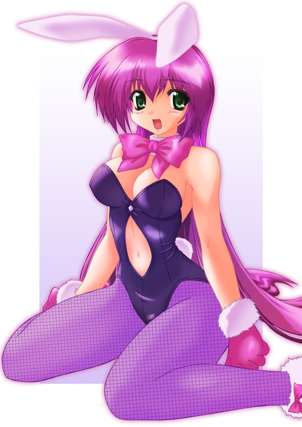 us@myo, non-web source, 1girl, animal ears, breasts, cleavage, fake animal ears, female focus, fishnet pantyhose, fishnets, gloves, green eyes, long hair, navel, pantyhose, pink hair, playboy bunny, rabbit ears, solo