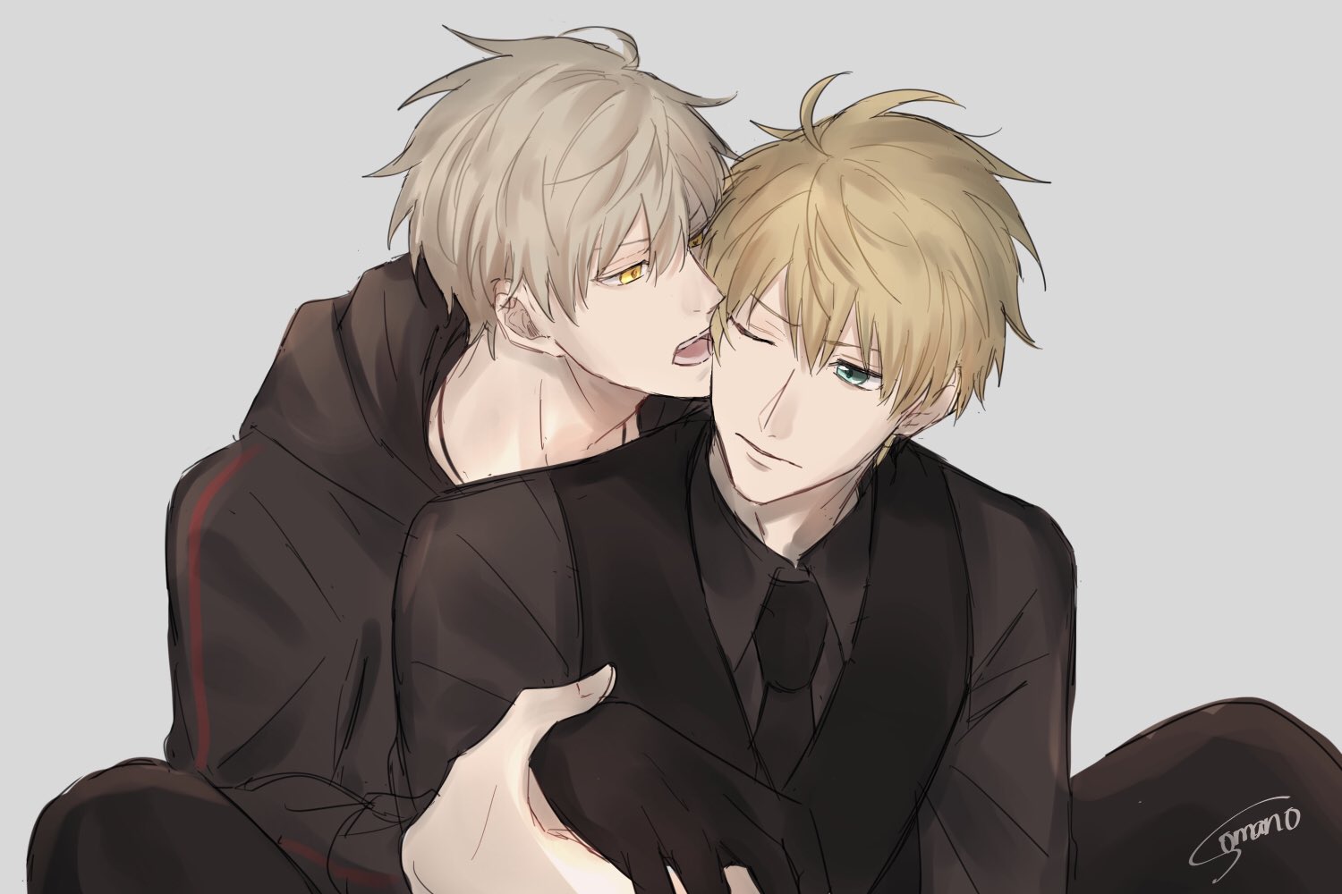 arthur pendragon (fate), arthur pendragon alter (fate), fate/grand order, fate (series), non-web source, 2boys, artist name, black gloves, black hoodie, black necktie, black pants, black shirt, black vest, blonde hair, closed mouth, collared shirt, dual persona, gloves, green eyes, hair between eyes, half-closed eye, half-closed eyes, holding hands, hood, hoodie, long sleeves, looking at another, male focus, multiple boys, necktie, one eye closed, open mouth, pants, selfcest, shirt, short hair, simple background, sitting, teeth, v-shaped eyebrows, vest, white background, yaoi, yellow eyes