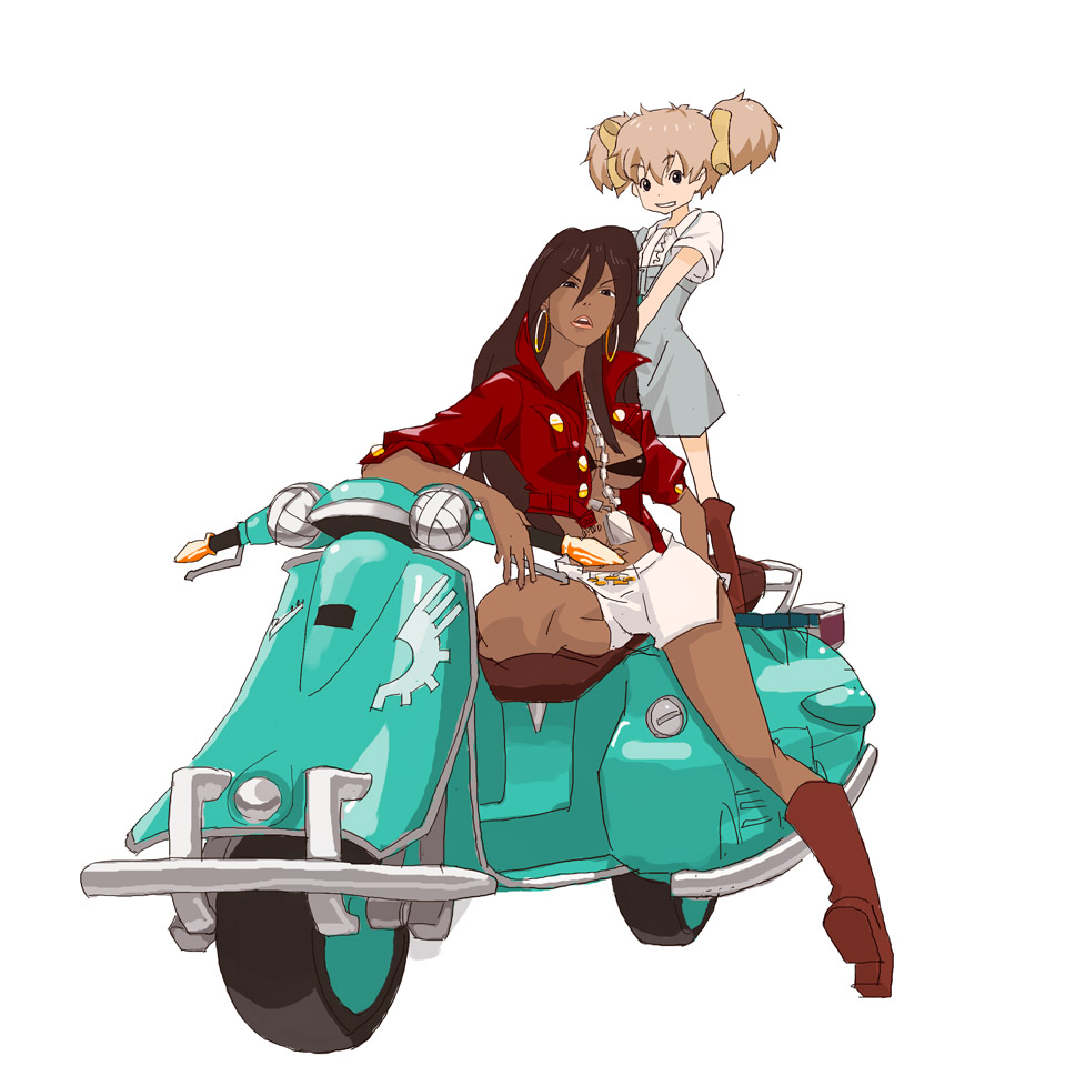 uni (gugurutan), hatchin morenos, michiko malandro, michiko to hacchin, vespa, vehicle, bad id, bad pixiv id, 2girls, afropuffs, bandeau, boots, breasts, brown hair, chain, crop top, dark-skinned female, dark skin, earrings, jacket, jewelry, large breasts, motor vehicle, motorcycle, multiple girls, scooter, shorts, twintails