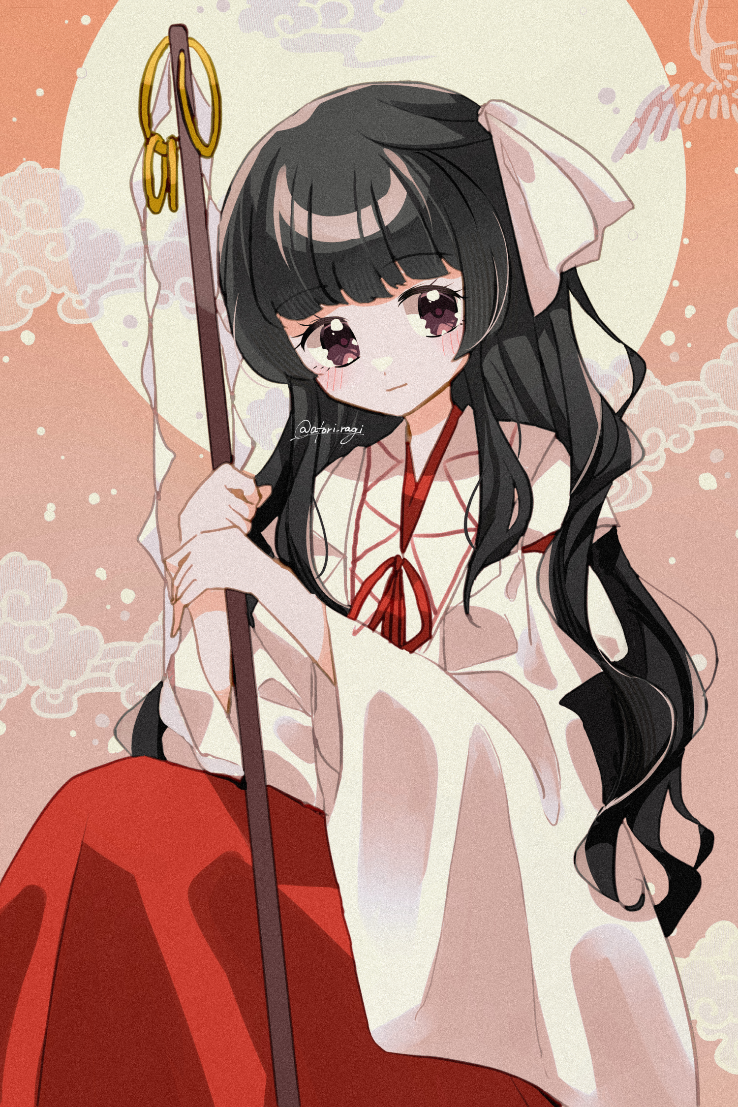 katsuragi atori, girl who trained on mt. haku (touhou), touhou, commentary request, highres, 1girl, black hair, brown eyes, closed mouth, cloud, full moon, holding, holding staff, long hair, long sleeves, looking at viewer, moon, red skirt, shakujou, skirt, smile, solo, staff, twitter username, very long hair, wide sleeves