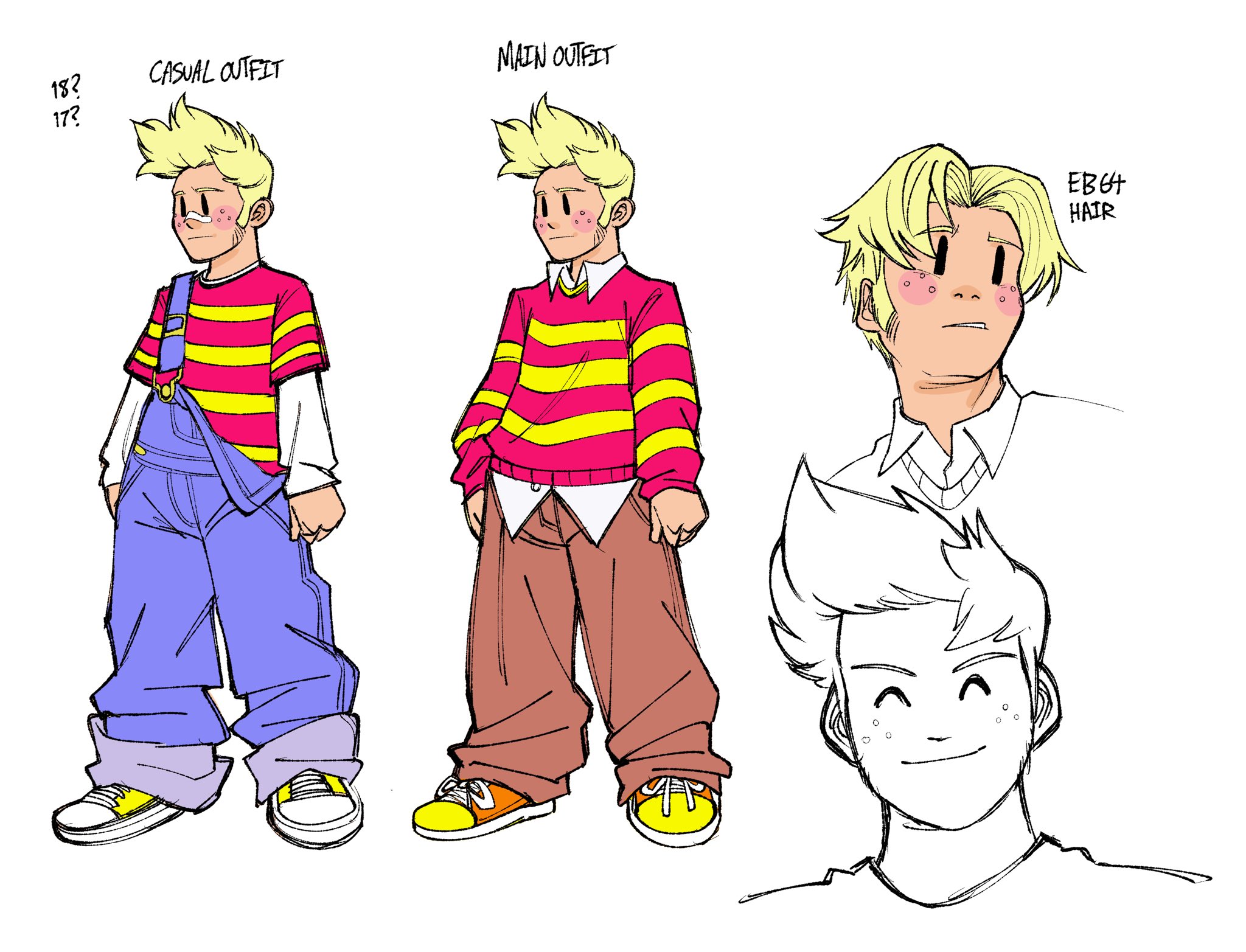 capsule (capsulecomputrz), lucas (mother 3), mother (series), mother 3, nintendo, commentary, english commentary, highres, 1boy, aged up, bandaid, bandaid on face, bandaid on nose, blonde hair, blue overalls, blush, brown pants, clenched hands, closed eyes, closed mouth, denim overalls, english text, freckles, full body, layered shirt, male focus, multiple boys, orange pants, overalls, pants, parted bangs, quiff, shirt, shoes, short hair, sideburns, simple background, smile, sneakers, spiked hair, standing, striped clothes, striped shirt, striped sweater, sweater, white background, yellow shoes