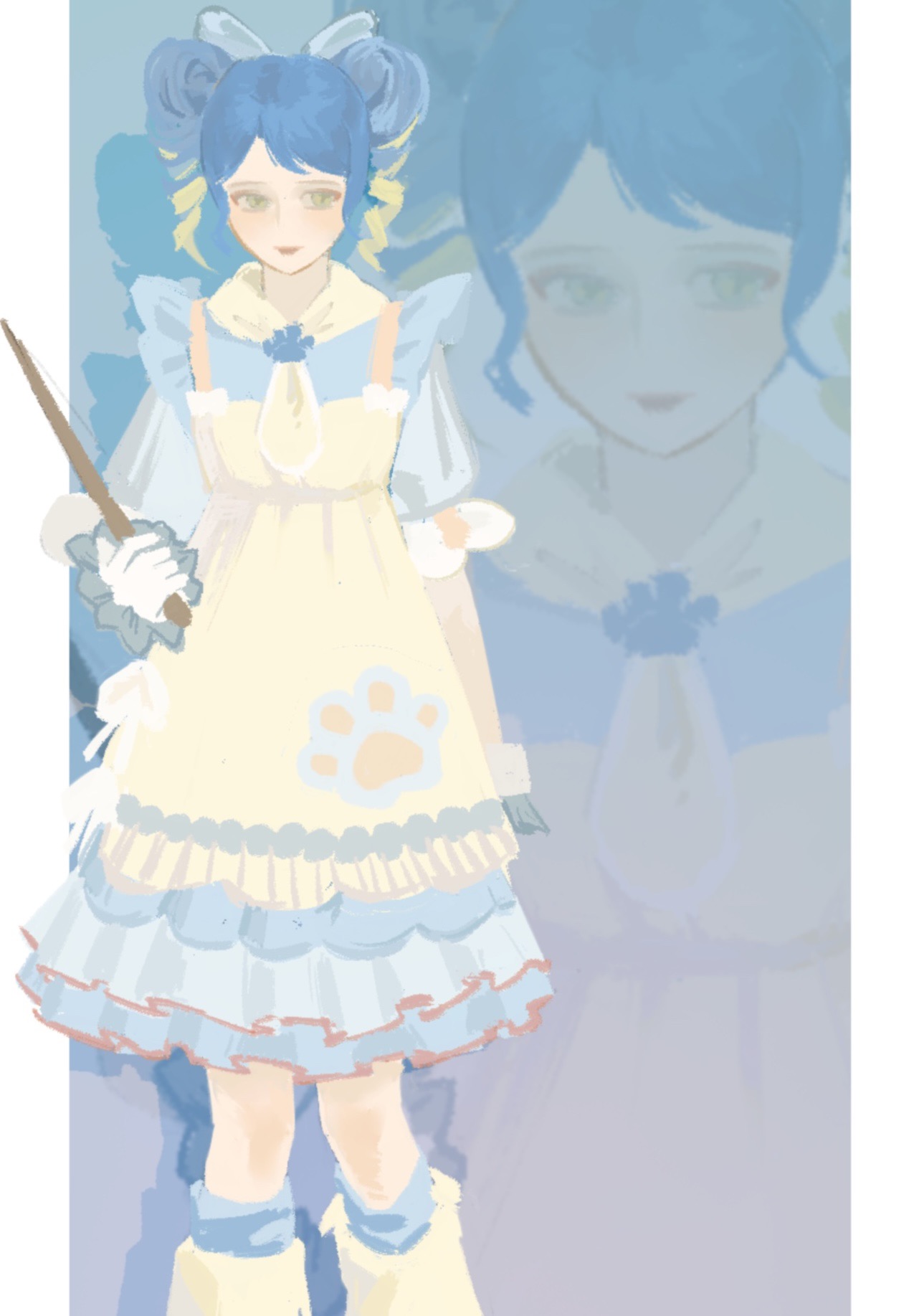 infinity nikki, nikki (series), chinese commentary, commentary request, highres, 1girl, apron, ascot, bener56949, blonde hair, blue background, blue bow, blue dress, blue hair, border, bow, brooch, closed mouth, dress, drill hair, feet out of frame, frilled dress, frilled gloves, frilled sleeves, frills, gloves, gradient hair, green eyes, hair bow, holding, holding wand, jewelry, leg warmers, lipstick, looking at viewer, makeup, medium dress, multicolored hair, outside border, paw print, pillarboxed, pocket, puffy short sleeves, puffy sleeves, red lips, shadow, short hair, short sleeves, short twintails, smile, solo, standing, stylist (nikki), twin drills, twintails, two-tone hair, wand, white border, white gloves, yellow apron, yellow ascot, yellow leg warmers, zoom layer