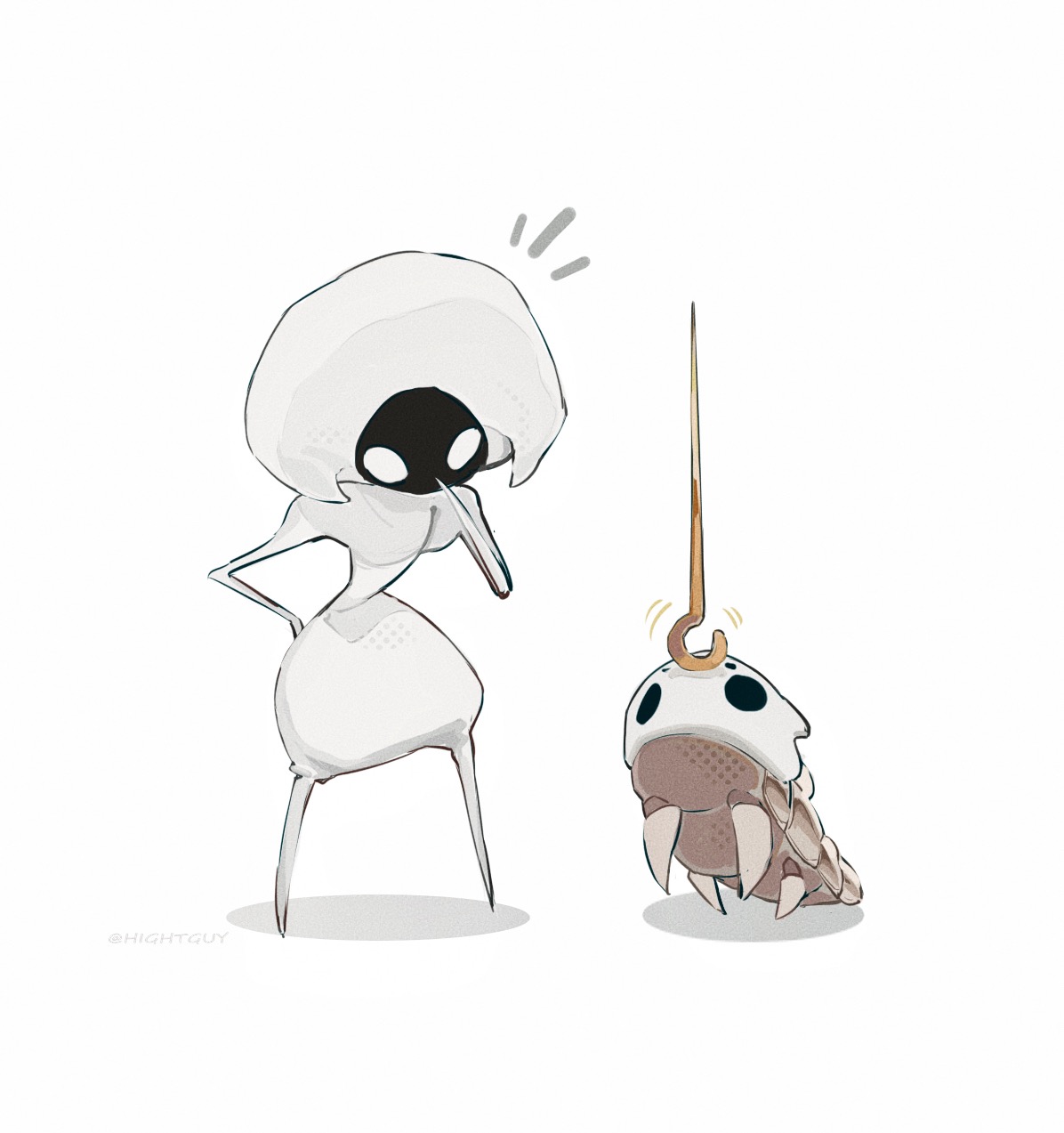 hightguy, lace (hollow knight), hollow knight, hollow knight: silksong, character request, chinese commentary, commentary request, highres, 1girl, arthropod girl, artist name, blank eyes, bodysuit, bug, character name, film grain, full body, halftone, hand on own chin, hand on own hip, hand up, hat, hollow eyes, juliet sleeves, legs apart, long sleeves, looking at another, no mouth, notice lines, pin (hollow knight), puffy sleeves, shadow, simple background, standing, white background, white bodysuit, white hat