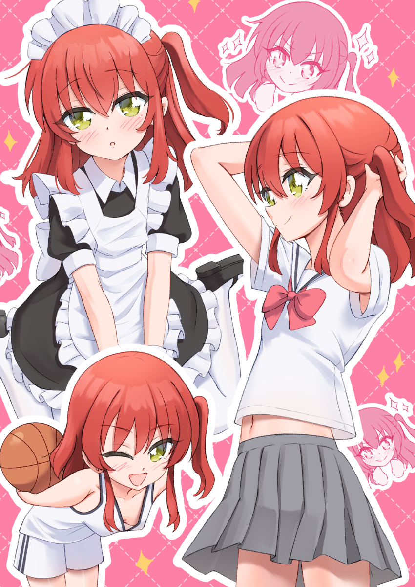retumihari, kita ikuyo, bocchi the rock!, commentary, highres, paid reward available, >:), + +, 1girl, :o, ;d, apron, arms behind back, back bow, ball, basketball (object), black dress, blush, bow, bowtie, closed mouth, cowboy shot, dress, frilled apron, frilled dress, frills, grey skirt, gym shirt, gym shorts, gym uniform, hair between eyes, happy, holding, holding ball, looking at viewer, maid, maid apron, maid headdress, medium hair, midriff, miniskirt, multiple views, navel, one eye closed, one side up, open mouth, outline, pantyhose, pink background, pink bow, pink bowtie, pleated skirt, puffy short sleeves, puffy sleeves, red hair, school uniform, serafuku, shirt, short sleeves, shorts, simple background, sitting, skirt, sleeveless, sleeveless shirt, smile, sparkle, split mouth, t-shirt, tying hair, v-shaped eyebrows, wariza, white apron, white bow, white outline, white pantyhose, white shirt, white shorts, yellow eyes
