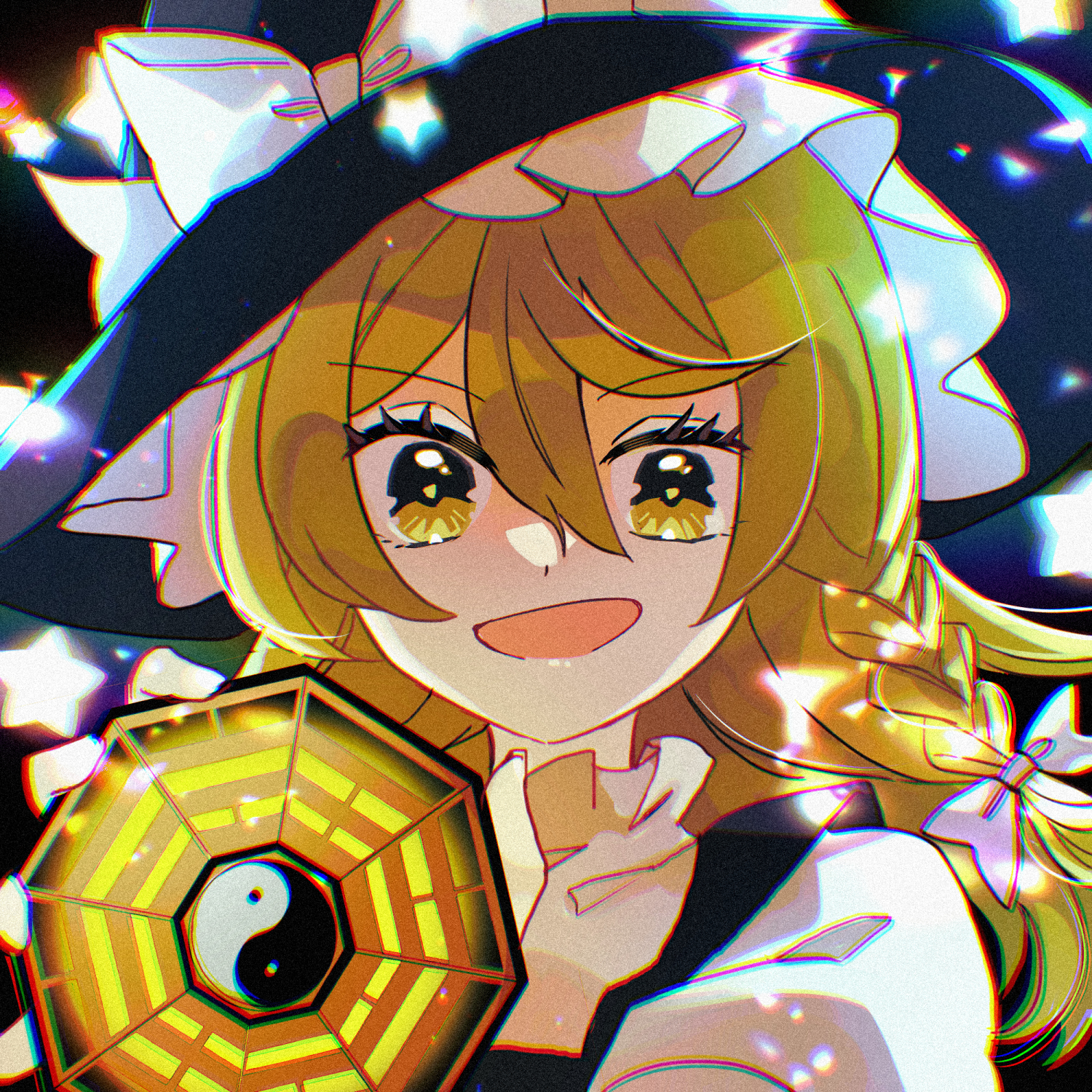 katsuragi atori, kirisame marisa, touhou, commentary request, highres, 1girl, black hat, blonde hair, bow, braid, hair bow, hat, hat bow, long hair, looking at viewer, mini-hakkero, open mouth, side braid, single braid, smile, solo, star (symbol), white bow, witch hat, yellow eyes, yin yang
