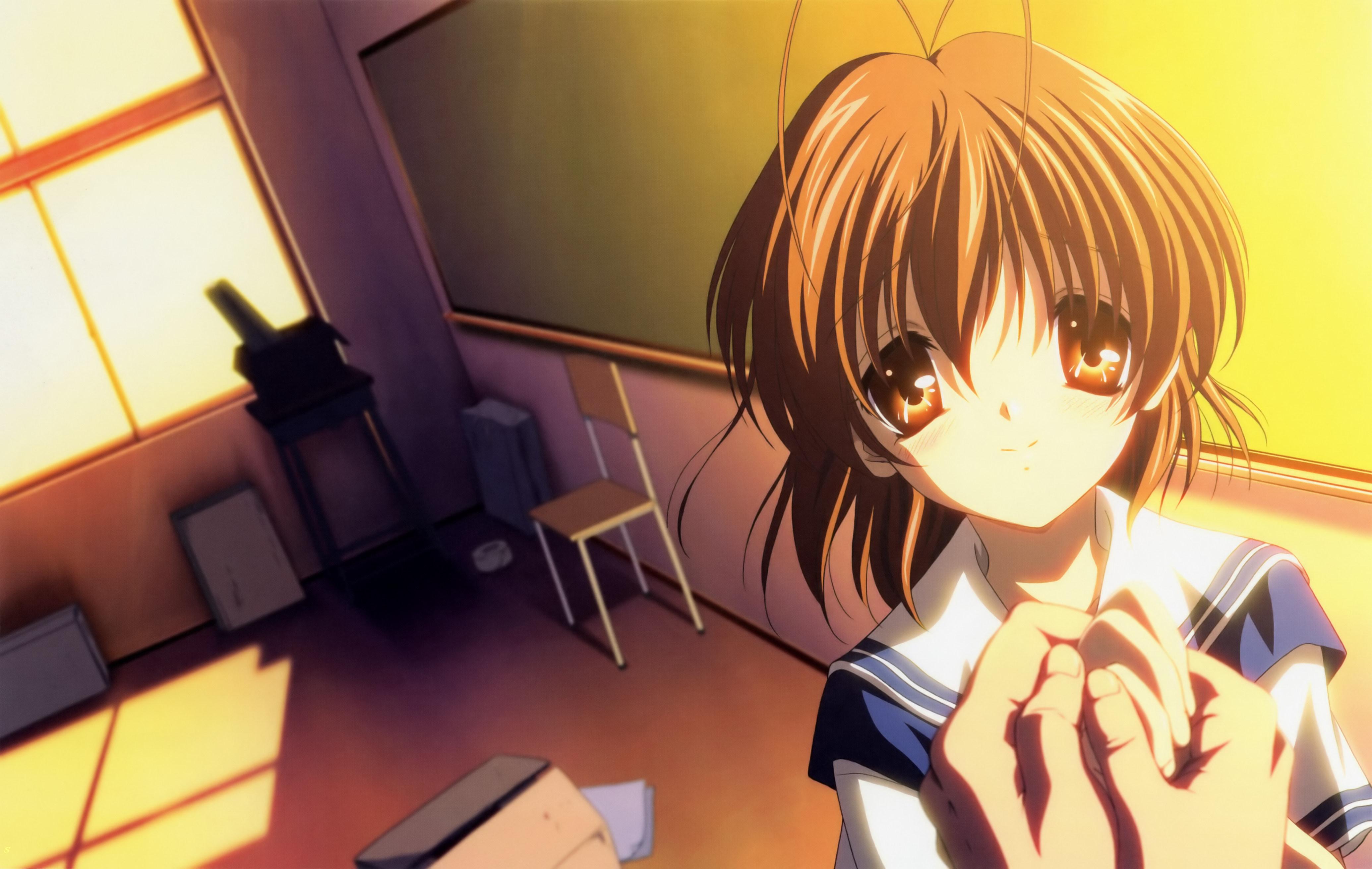 furukawa nagisa, clannad, absurdres, detexted, highres, non-web source, official art, third-party edit, 00s, antenna hair, box, brown eyes, brown hair, chalkboard, holding hands, school uniform, serafuku, short hair, solo focus