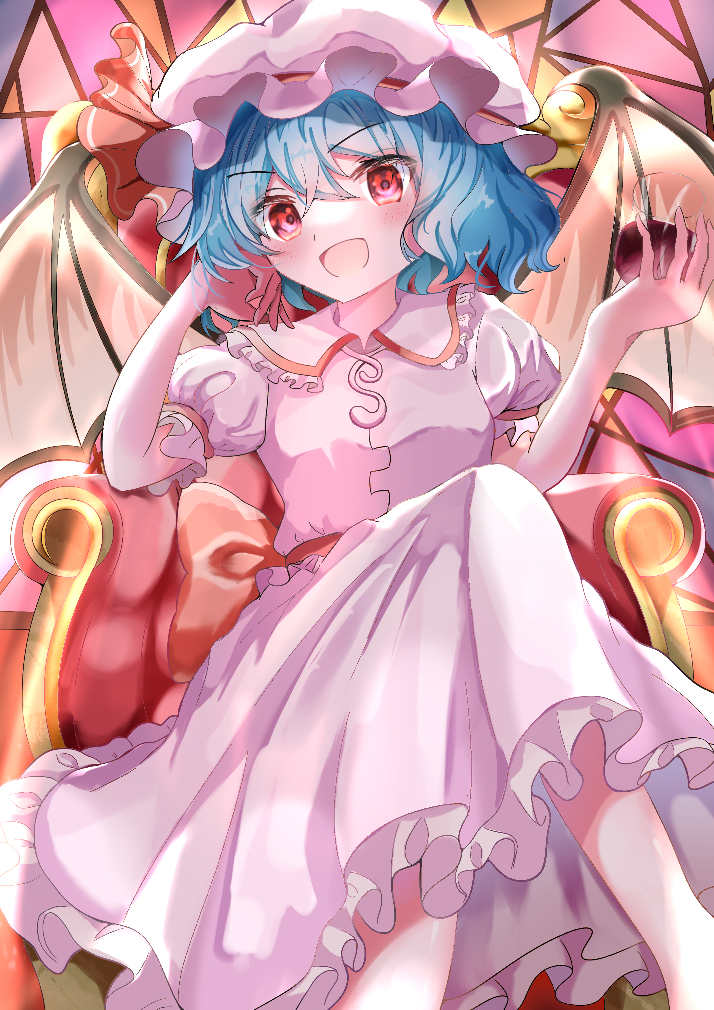 rikiriki200, remilia scarlet, touhou, absurdres, commentary request, highres, 1girl, blue hair, collared shirt, cup, frilled shirt collar, frills, hair between eyes, hat, hat ribbon, holding, holding cup, looking at viewer, mob cap, open mouth, puffy short sleeves, puffy sleeves, red eyes, red ribbon, ribbon, shirt, short hair, short sleeves, sitting, solo, wrist cuffs