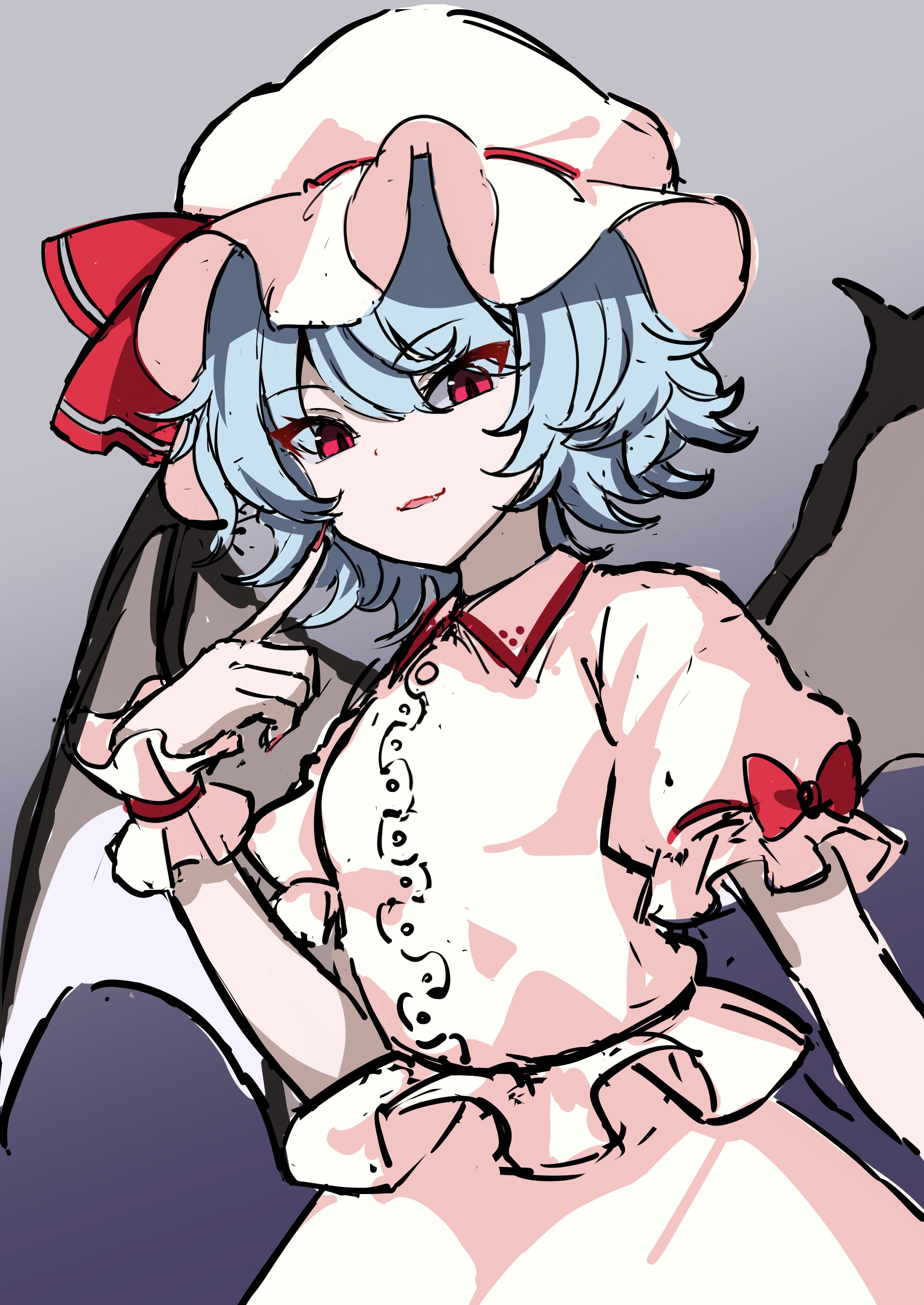 kabi killer, remilia scarlet, touhou, absurdres, commentary request, highres, 1girl, bat wings, blue hair, collared shirt, fingernails, hair between eyes, hat, hat ribbon, long fingernails, mob cap, pink hat, pink shirt, pink skirt, puffy short sleeves, puffy sleeves, red eyes, red nails, ribbon, shirt, short hair, short sleeves, simple background, skirt, solo, upper body, wings, wrist cuffs