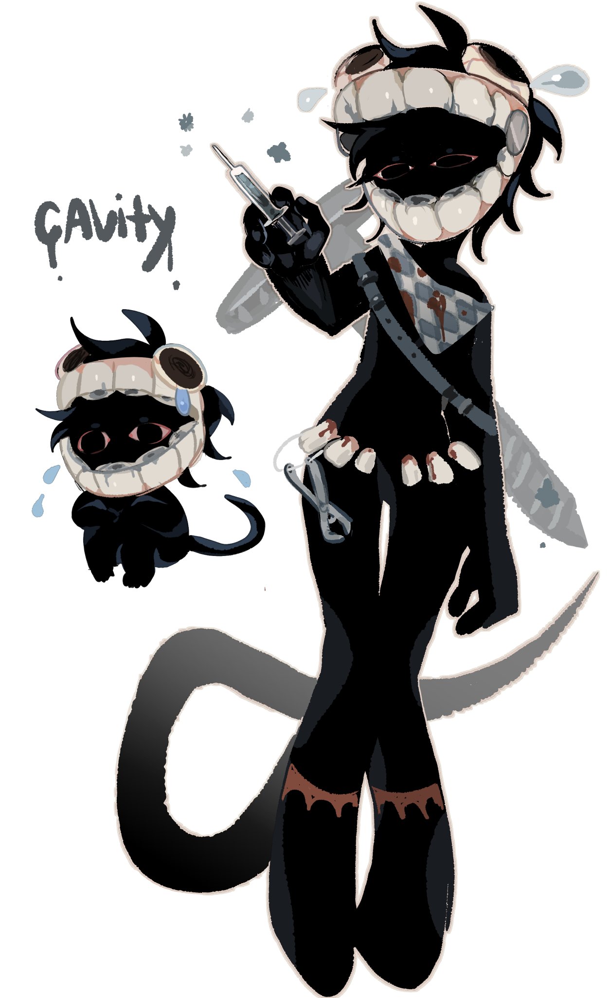 original, commentary, english commentary, highres, 1boy, adoptable, black eyes, black hair, black skin, character name, chibi, colored skin, crying, dentures, dilnyan03, full body, holding, holding syringe, looking at viewer, male focus, monster boy, nail (hardware), pigeon-toed, short hair, simple background, solo, syringe, tail, teardrop, teeth, white background
