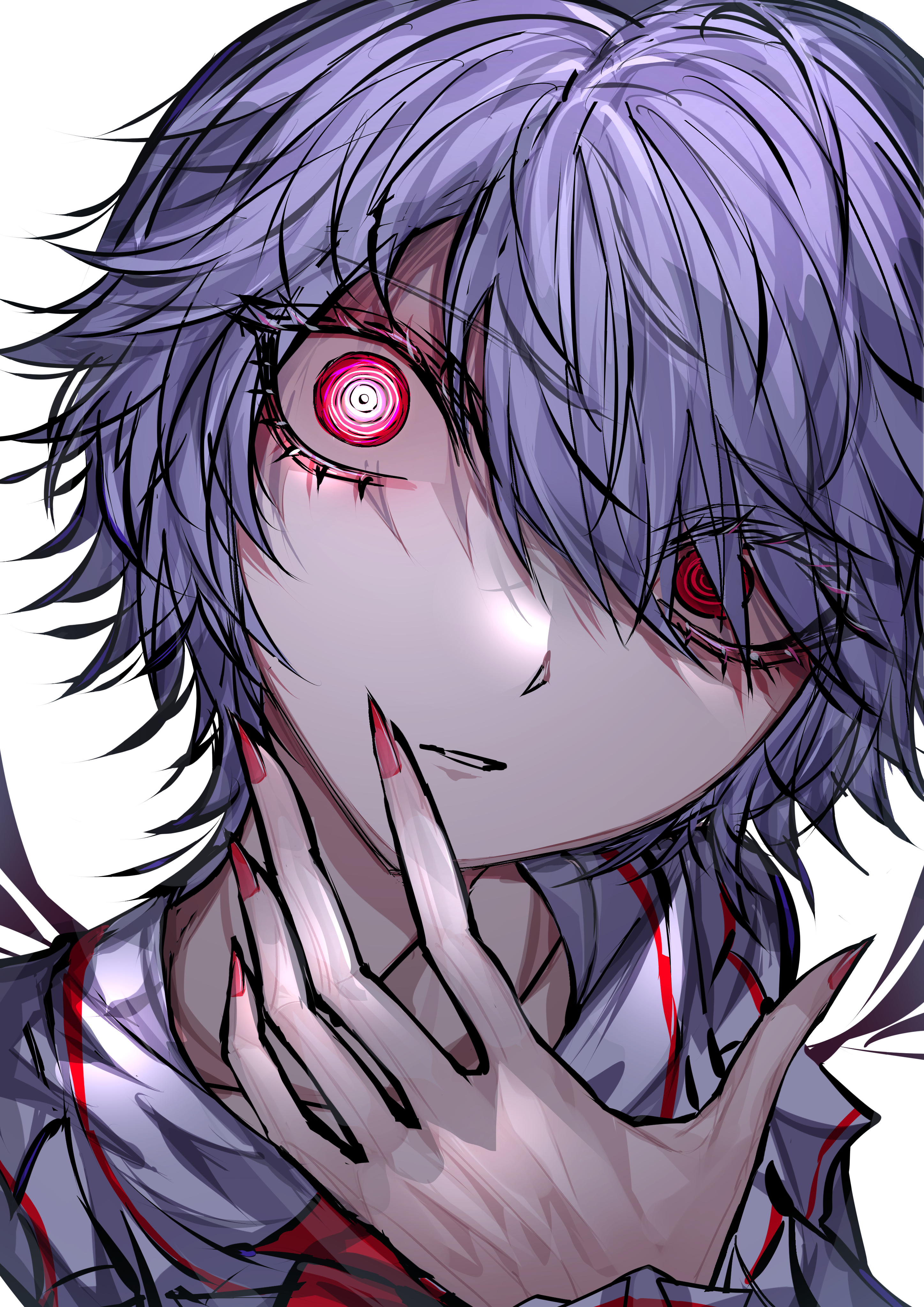 33 gaff, remilia scarlet, touhou, absurdres, commentary request, highres, 1girl, blue hair, fingernails, looking at viewer, red eyes, red nails, ringed eyes, sharp fingernails, short hair, simple background, solo, white background