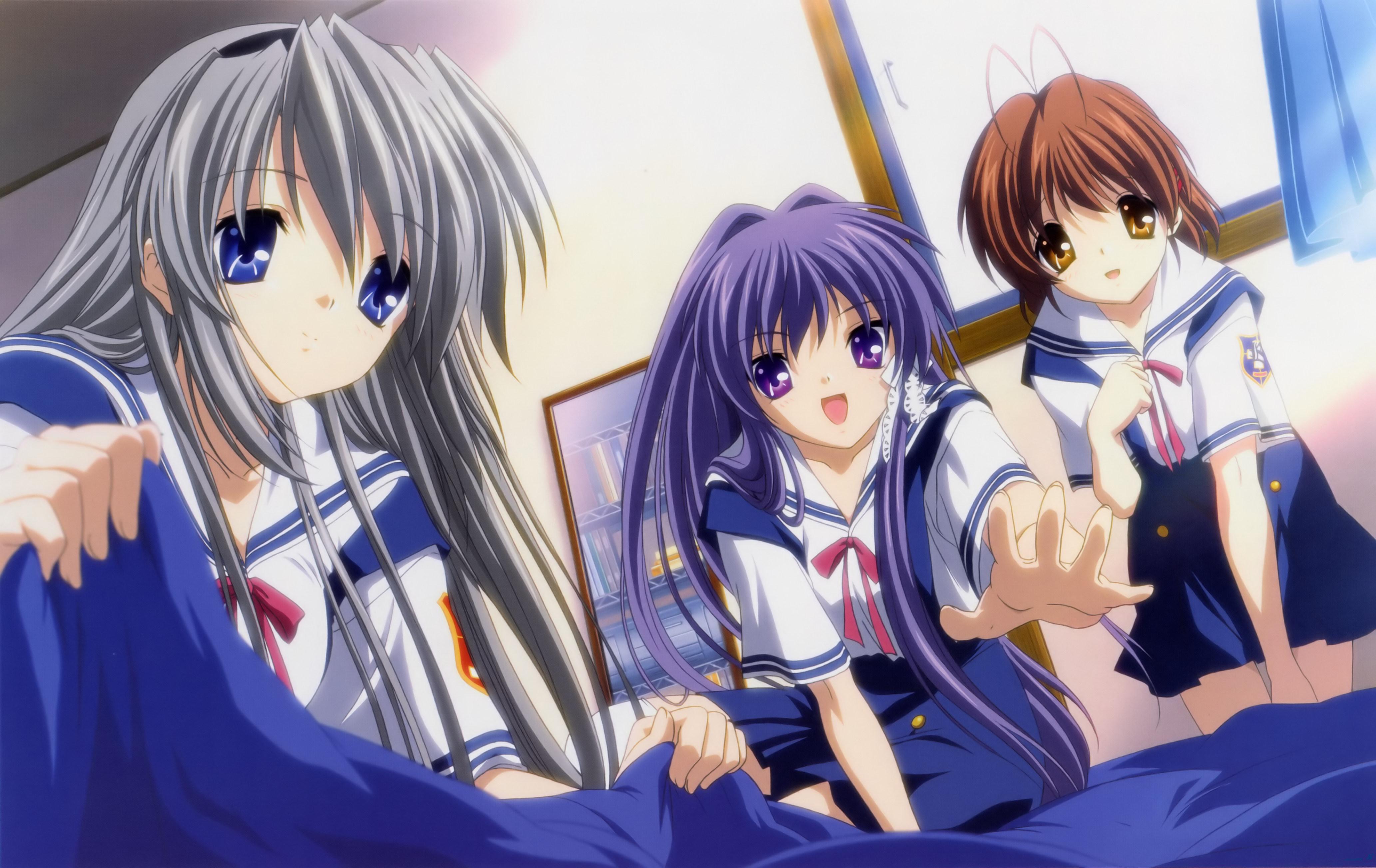 fujibayashi kyou, furukawa nagisa, sakagami tomoyo, clannad, silver hair, absurdres, highres, non-web source, official art, 00s, 3girls, antenna hair, bed, blue eyes, brown eyes, brown hair, long hair, multiple girls, purple eyes, purple hair, school uniform, serafuku, short hair, very long hair