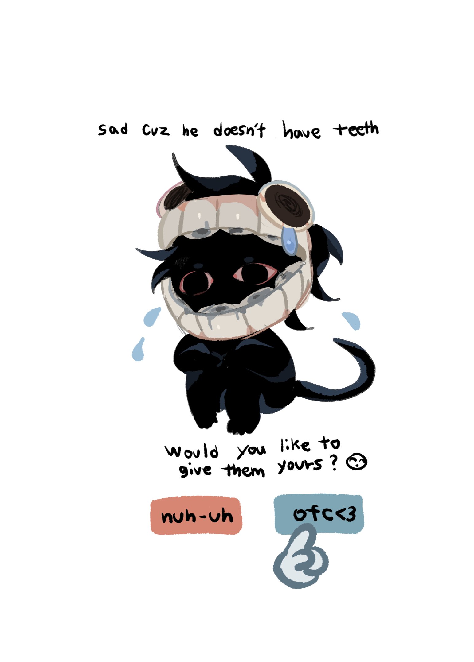 original, commentary, english commentary, highres, 1boy, black eyes, black hair, black skin, bloodshot eyes, chibi, chibi only, colored skin, crying, dentures, dilnyan03, english text, full body, knees up, male focus, monster boy, short hair, simple background, sitting, solo, tail, white background