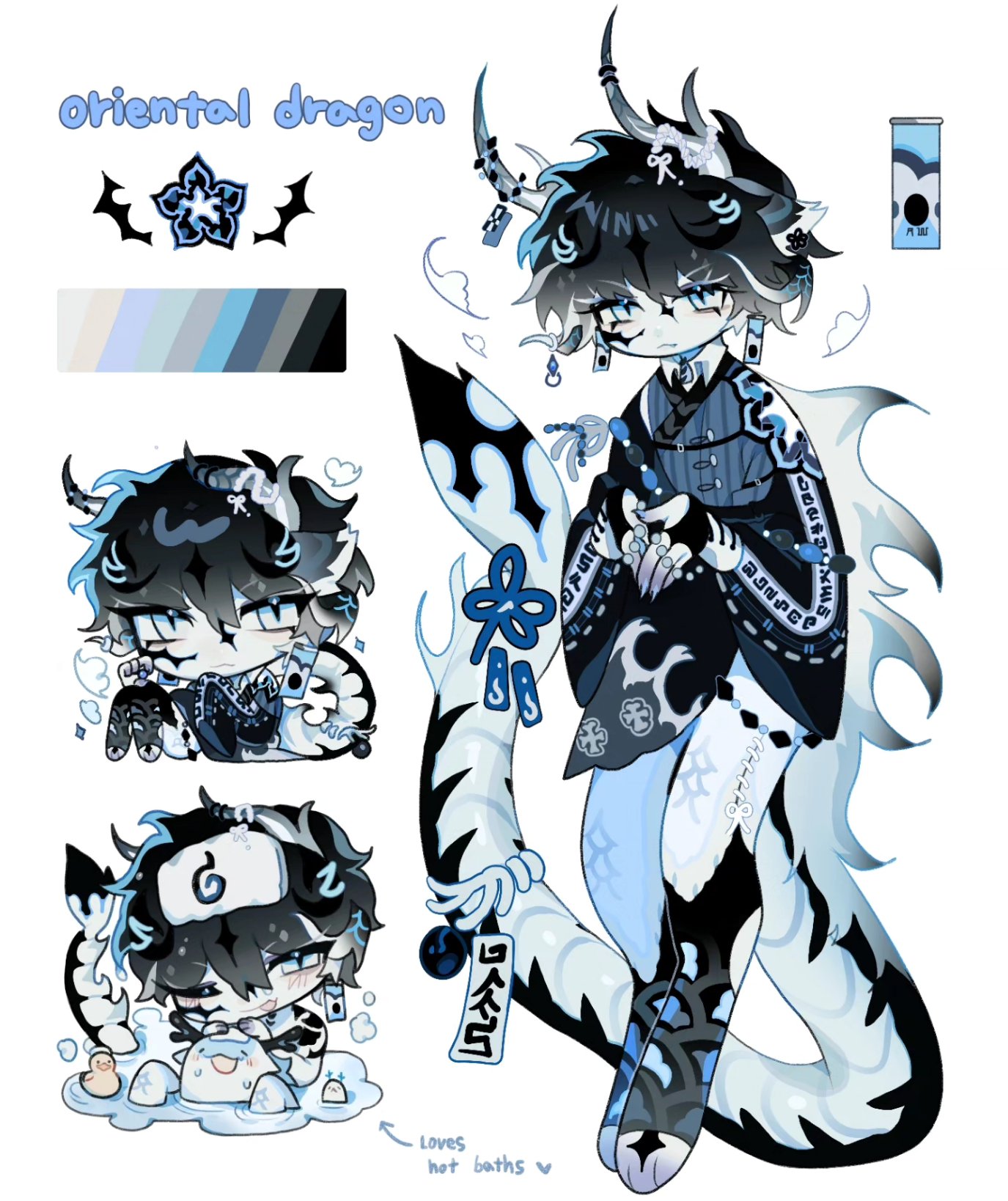 original, commentary, english commentary, highres, 1boy, adoptable, animal ears, animal feet, black hair, blue eyes, blue skin, chibi, color guide, colored skin, dilnyan03, dragon boy, dragon horns, dragon tail, eastern dragon horns, eastern dragon tail, fingernails, full body, horns, male focus, monster boy, multiple horns, multiple views, reference sheet, sharp fingernails, short hair, simple background, slit pupils, solo, tail, white background