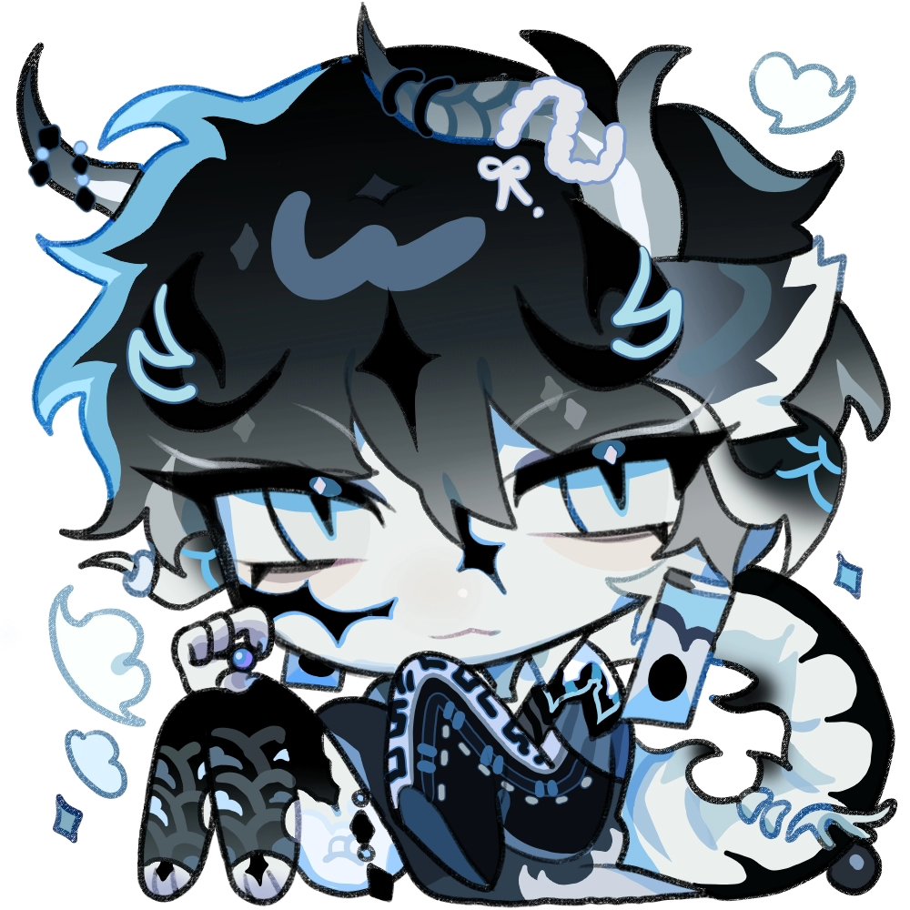 original, commentary, english commentary, 1boy, :3, animal ears, black hair, blue eyes, chibi, chibi only, dilnyan03, dragon boy, dragon horns, dragon tail, eastern dragon horns, eastern dragon tail, full body, horns, knees up, looking at viewer, male focus, monster boy, multiple horns, short hair, simple background, sitting, slit pupils, solo, tail, white background