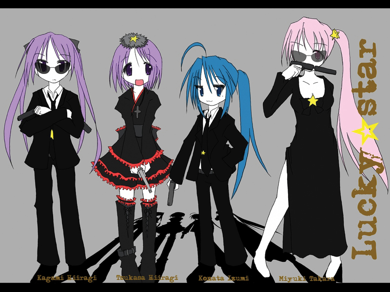 umiato, hiiragi kagami, hiiragi tsukasa, izumi konata, takara miyuki, lucky star, 00s, 4girls, ahoge, alternate hairstyle, blue hair, boots, dress, dual wielding, formal clothes, gothic lolita, gun, handgun, hands on own hips, holding, letterboxed, lineup, lolita fashion, long hair, mole, mole under eye, multiple girls, pink hair, pistol, pocket pistol, ponytail, purple hair, revolver, semi-automatic pistol, short hair, side ponytail, suit, sunglasses, suppressor, thighhighs, twintails, weapon, zettai ryouiki