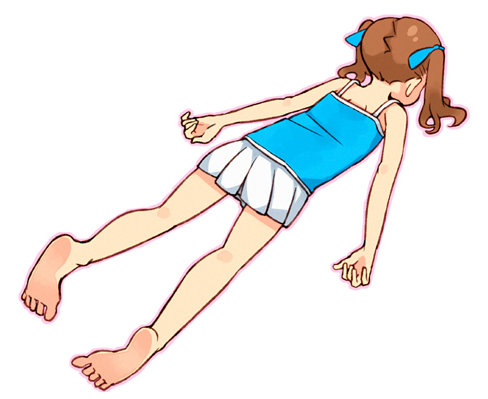 ukokkei, matsuoka miu, ichigo mashimaro, barefoot, brown hair, child, faceplant, feet, hair ribbon, lying, on stomach, ribbon, skirt, soles, tank top, twintails