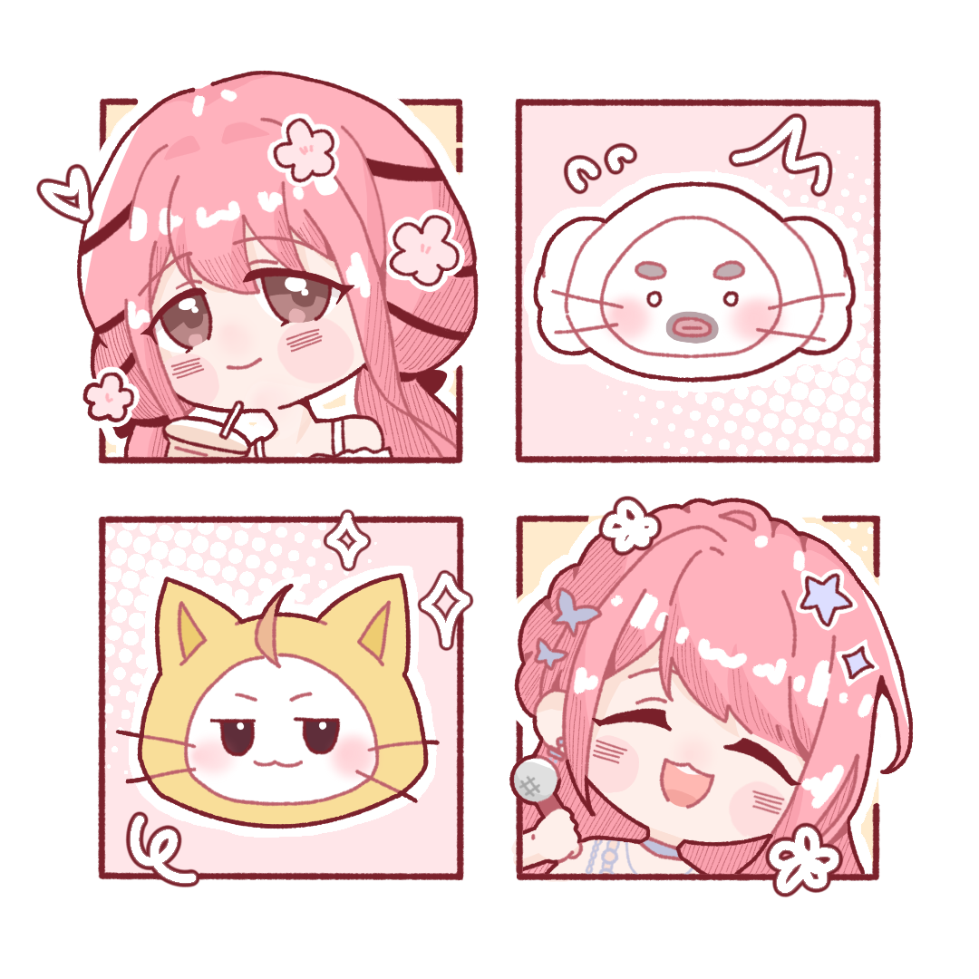momo (nikki), nikki (nikki), perfect start (infinity nikki), infinity nikki, nikki (series), chinese commentary, commentary request, 1girl, :3, ^^^, ^ ^, ahoge, animal, bare shoulders, black bow, black eyes, black ribbon, bloom up (shining nikki), blush stickers, bow, braid, brown eyes, bubble tea, butterfly hair ornament, cat, chain, chain necklace, chibi, choker, closed eyes, closed mouth, clothed animal, clothing cutout, drink, drinking, drinking straw, ear covers, earrings, flower, hair bow, hair ornament, hair ribbon, halftone, head only, holding, holding drink, holding microphone, hood, hood up, jewelry, leaning to the side, long hair, looking at viewer, low twintails, microphone, multiple views, necklace, o o, official alternate costume, open mouth, outline, outside border, pink hair, purple choker, ribbon, shirt, shoulder cutout, sidelocks, single braid, sleeveless, sleeveless shirt, smile, square neckline, teeth, towel, tress ribbon, twintails, upper teeth only, whiskers, white background, white cat, white outline, white shirt, xiaobozi26337, yellow hood