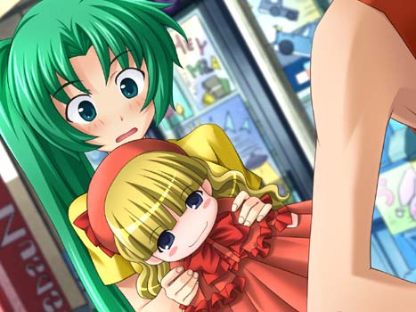 rato, maebara keiichi, sonozaki mion, higurashi no naku koro ni, minagoroshi-hen, game cg, lowres, non-web source, 00s, 1girl, doll, dutch angle, green eyes, green hair, long hair, ponytail, solo focus