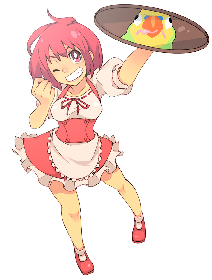 ukokkei, inko (toradora), kushieda minori, toradora!, 00s, 1girl, breasts, female focus, large breasts, one eye closed, red eyes, red hair, short hair, smile, solo, waitress, wink