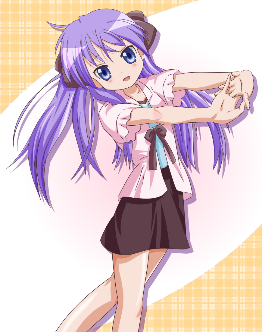 takumi (rozen garten), hiiragi kagami, lucky star, 00s, blue eyes, casual, long hair, purple hair, ribbon, solo, stretching, twintails