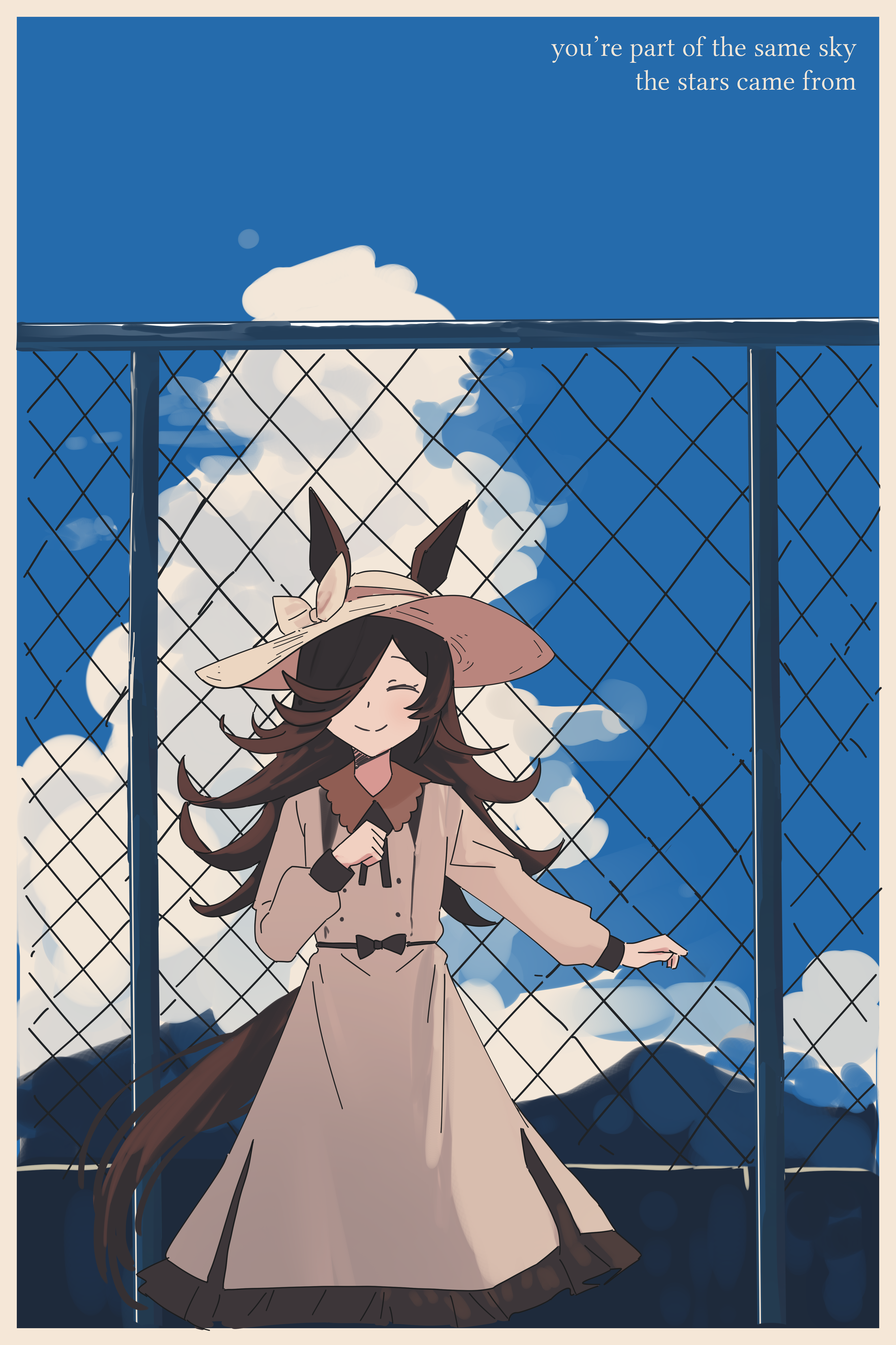 myticalcat, rice shower (umamusume), umamusume, absurdres, commentary, english commentary, highres, 1girl, alternate costume, animal ears, blue sky, bow, brown dress, brown hair, brown hat, chain-link fence, closed eyes, closed mouth, cloud, cowboy shot, dress, english text, facing viewer, fence, hair over one eye, hat, hat bow, horse ears, horse girl, horse tail, inset border, long hair, outdoors, sky, smile, solo, sun hat, tail